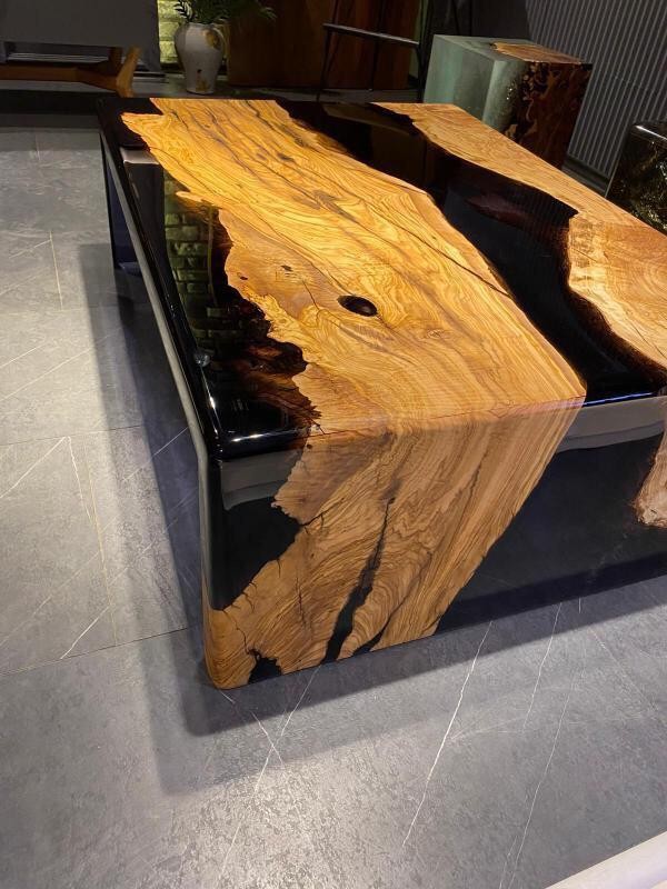 Custom Olive Wood Resin Coffee Table – Live Edge Waterfall Design | INNATURE Home