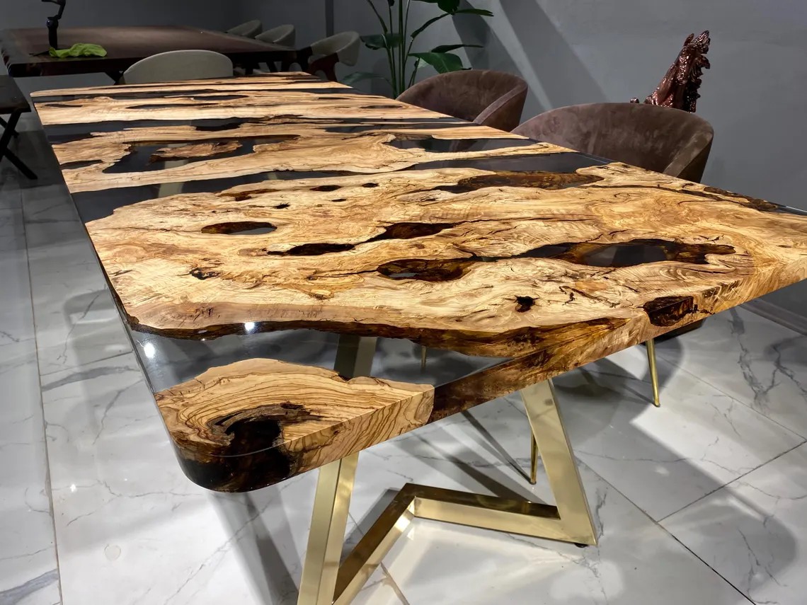 Clear Epoxy Olive Wood River Table – Custom Live Edge Dining or Office Desk | Handcrafted Natural Wood Furniture | INNATURE