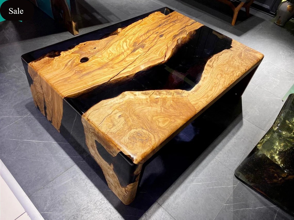 Custom Olive Wood Resin Coffee Table – Live Edge Waterfall Design | INNATURE Home