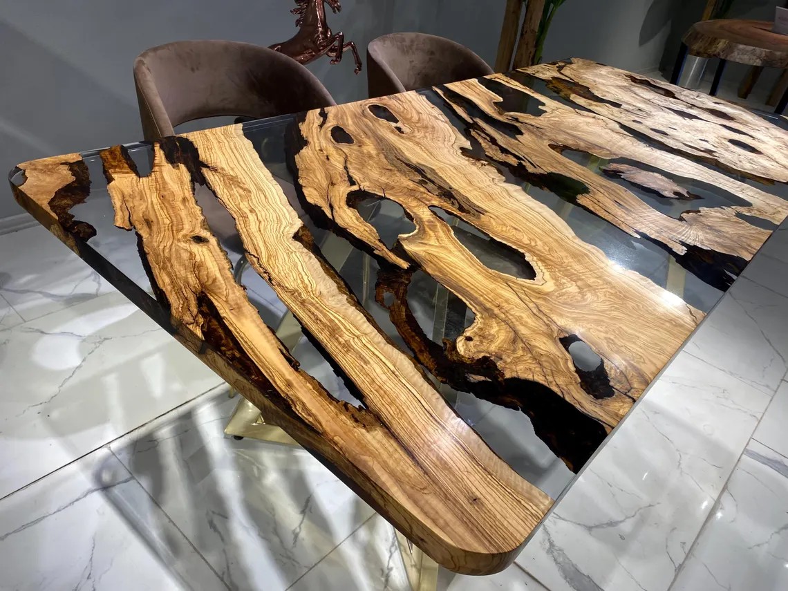 Clear Epoxy Olive Wood River Table – Custom Live Edge Dining or Office Desk | Handcrafted Natural Wood Furniture | INNATURE