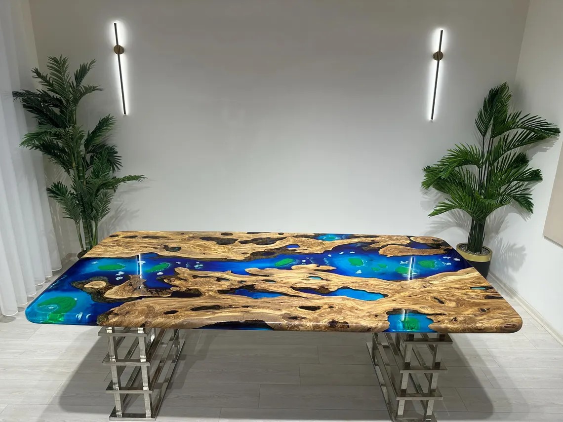 Specific Custom Ocean Epoxy Resin Table, Uniqe Olive Wood Dining Table, Epoxy Dining Table, Live Edge Dining Table, Resin Epoxy Art Table - INNATURE HOME