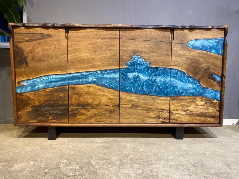 Walnut Epoxy TV Console | Handmade Rustic Sideboard Cabinet | Blue Epoxy Resin TV Unit | Custom Walnut Buffet & Media Stand | INNATURE