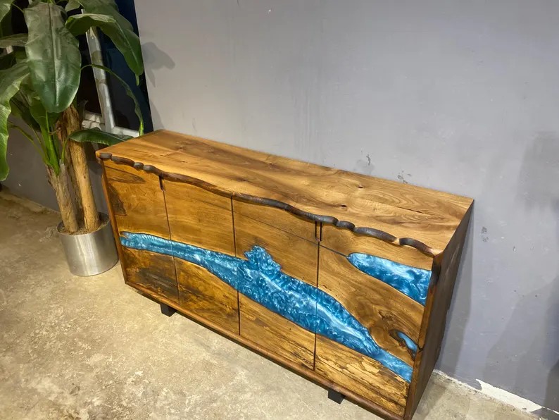 Walnut Epoxy TV Console | Handmade Rustic Sideboard Cabinet | Blue Epoxy Resin TV Unit | Custom Walnut Buffet & Media Stand | INNATURE