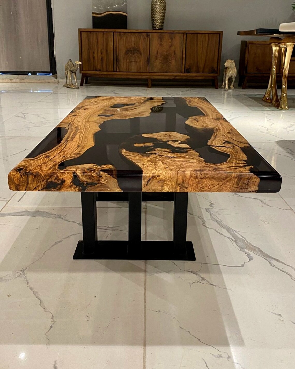 Handcrafted Olive Wood Blue Epoxy Coffee Table | Natural Design | Free Shipping | INNATURE - Smoked Epoxy