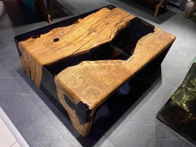Custom Olive Wood Resin Coffee Table – Live Edge Waterfall Design | INNATURE Home