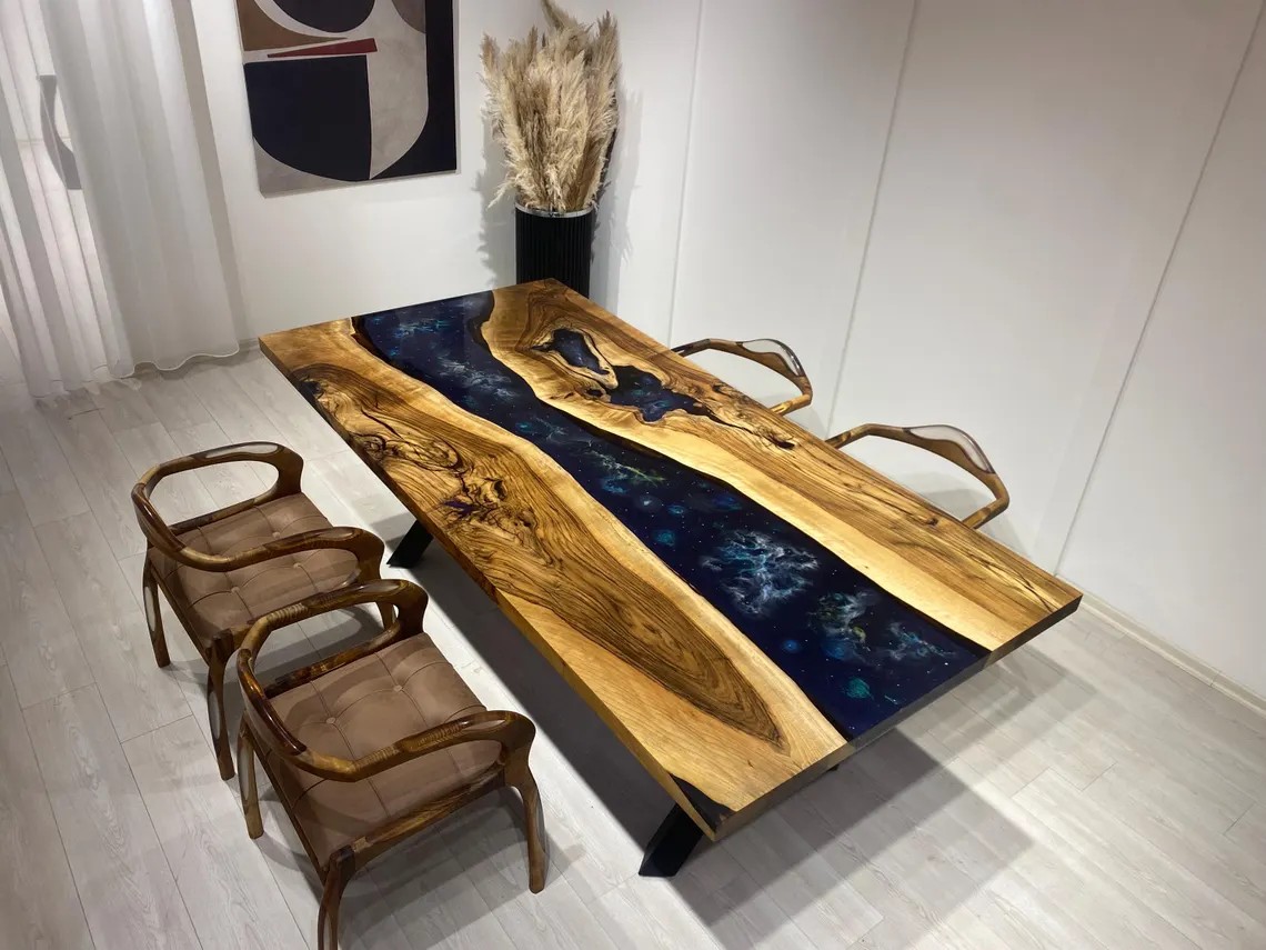  Custom Live Edge Dining Desk with Deep Space Resin Design | Black Epoxy Walnut River Table| Handcrafted Solid Wood Furniture | INNATURE