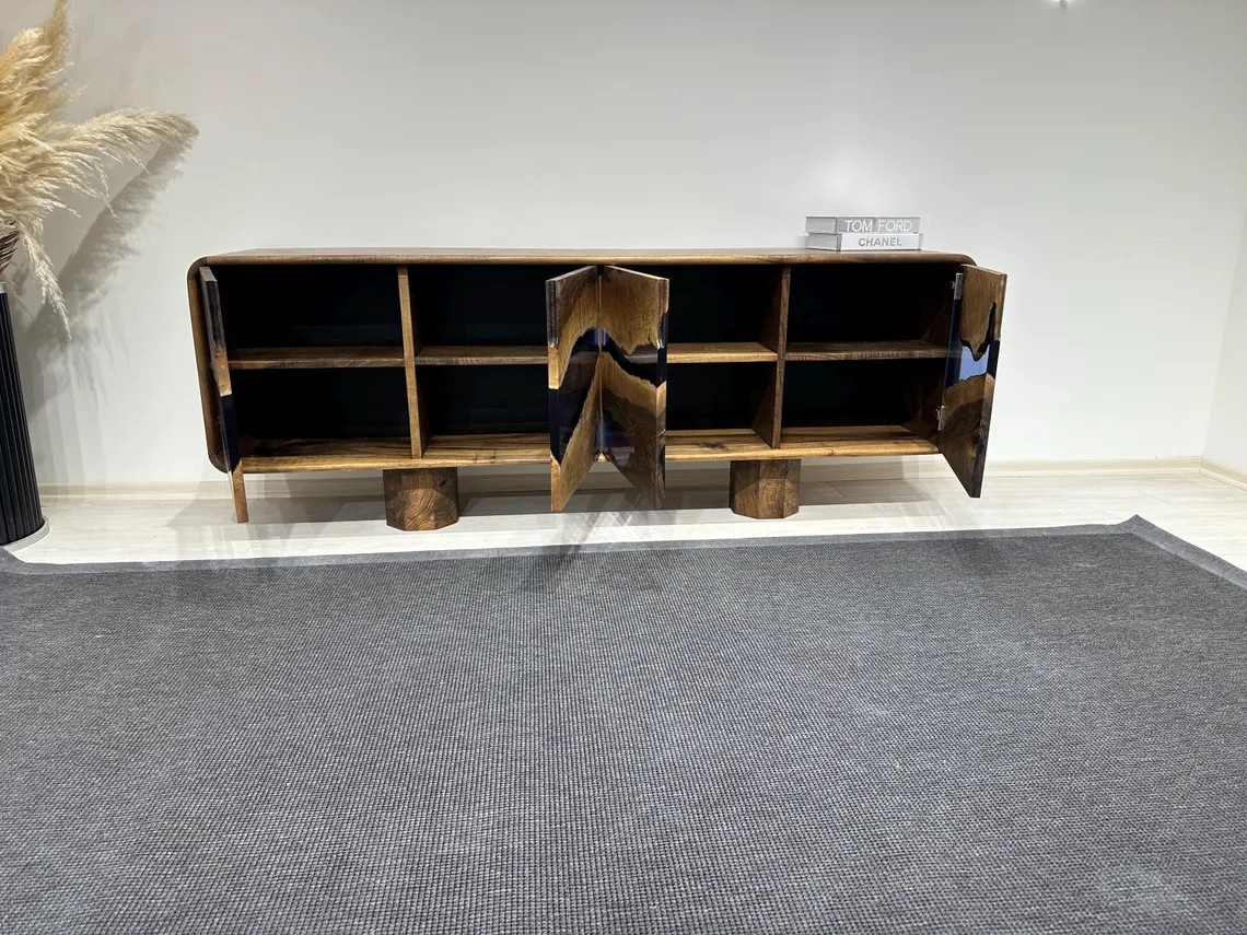 Blue Epoxy Walnut Console – Handmade Rustic TV Unit & Sideboard | Custom Solid Wood Buffet Cabinet | INNATURE