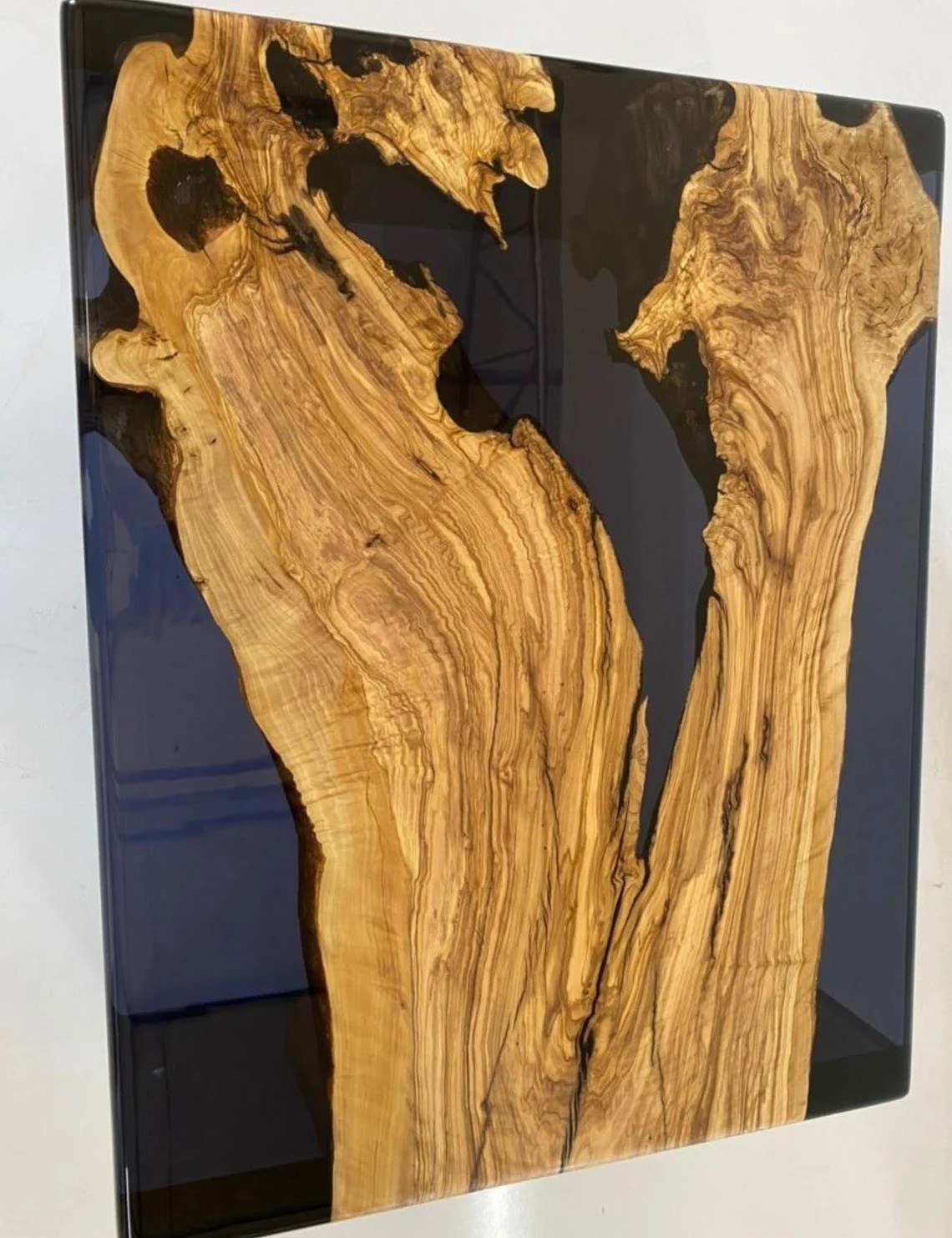 Custom Olive Wood Resin Coffee Table – Live Edge Waterfall Design | INNATURE Home
