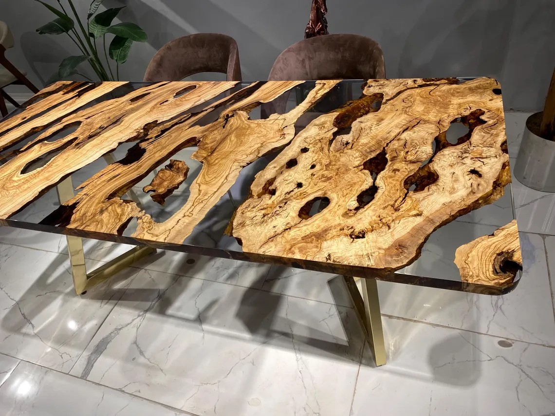 Clear Epoxy Olive Wood River Table – Custom Live Edge Dining or Office Desk | Handcrafted Natural Wood Furniture | INNATURE