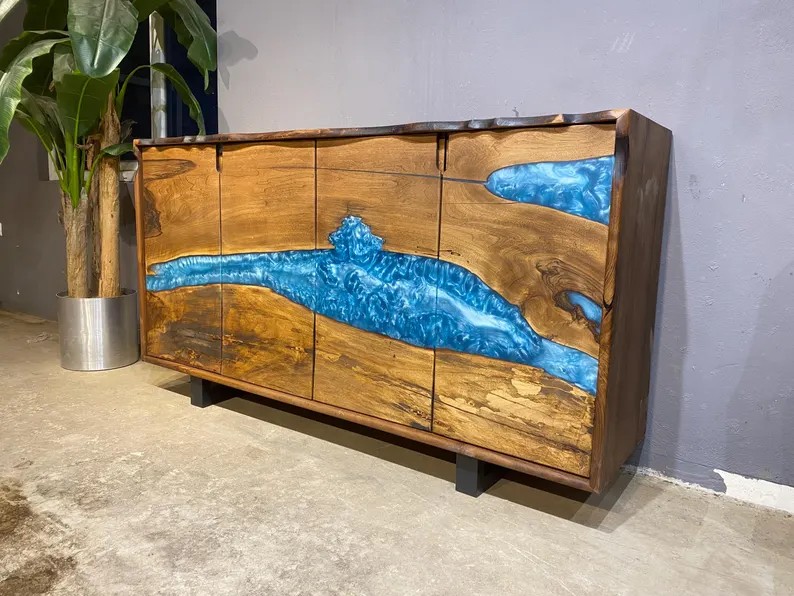 Walnut Epoxy TV Console | Handmade Rustic Sideboard Cabinet | Blue Epoxy Resin TV Unit | Custom Walnut Buffet & Media Stand | INNATURE