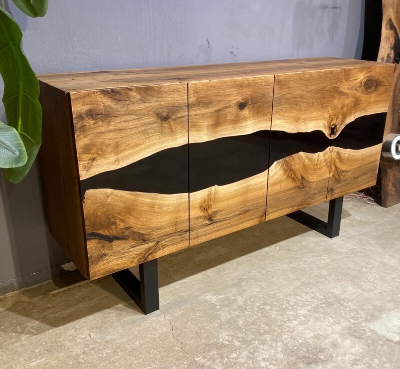 Black Epoxy Walnut Console – Handmade Rustic TV Unit & Buffet Cabinet | Custom Solid Wood Sideboard | INNATURE 