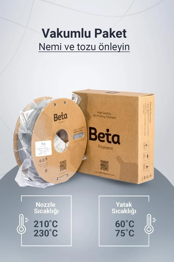 Beta PLA High-Speed vakumlu paket, karton makara, 210-230 derece nozzle ve 60-75 derece tabla etiketi