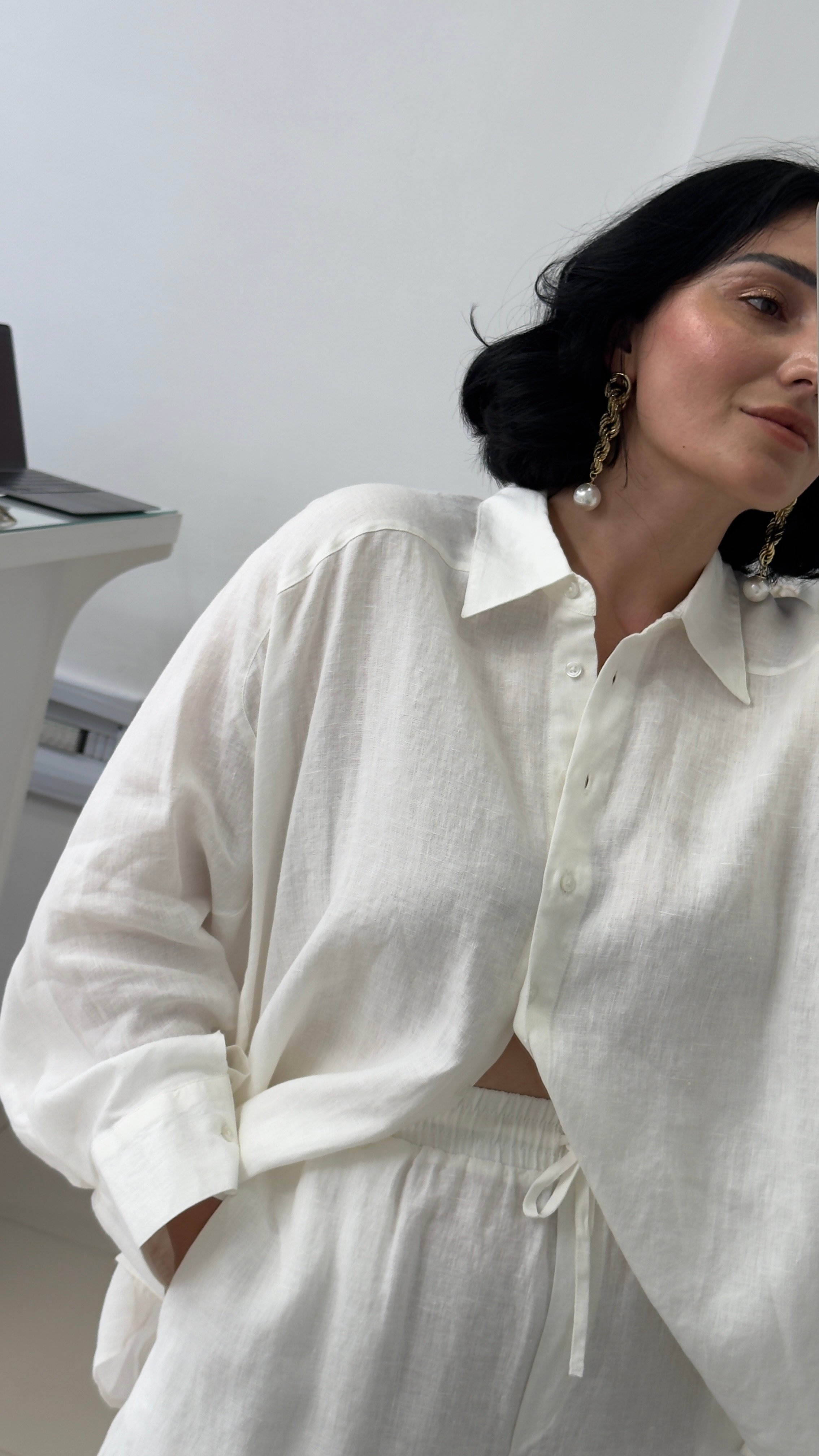 %100 Keten Ekru Oversize Gömlek