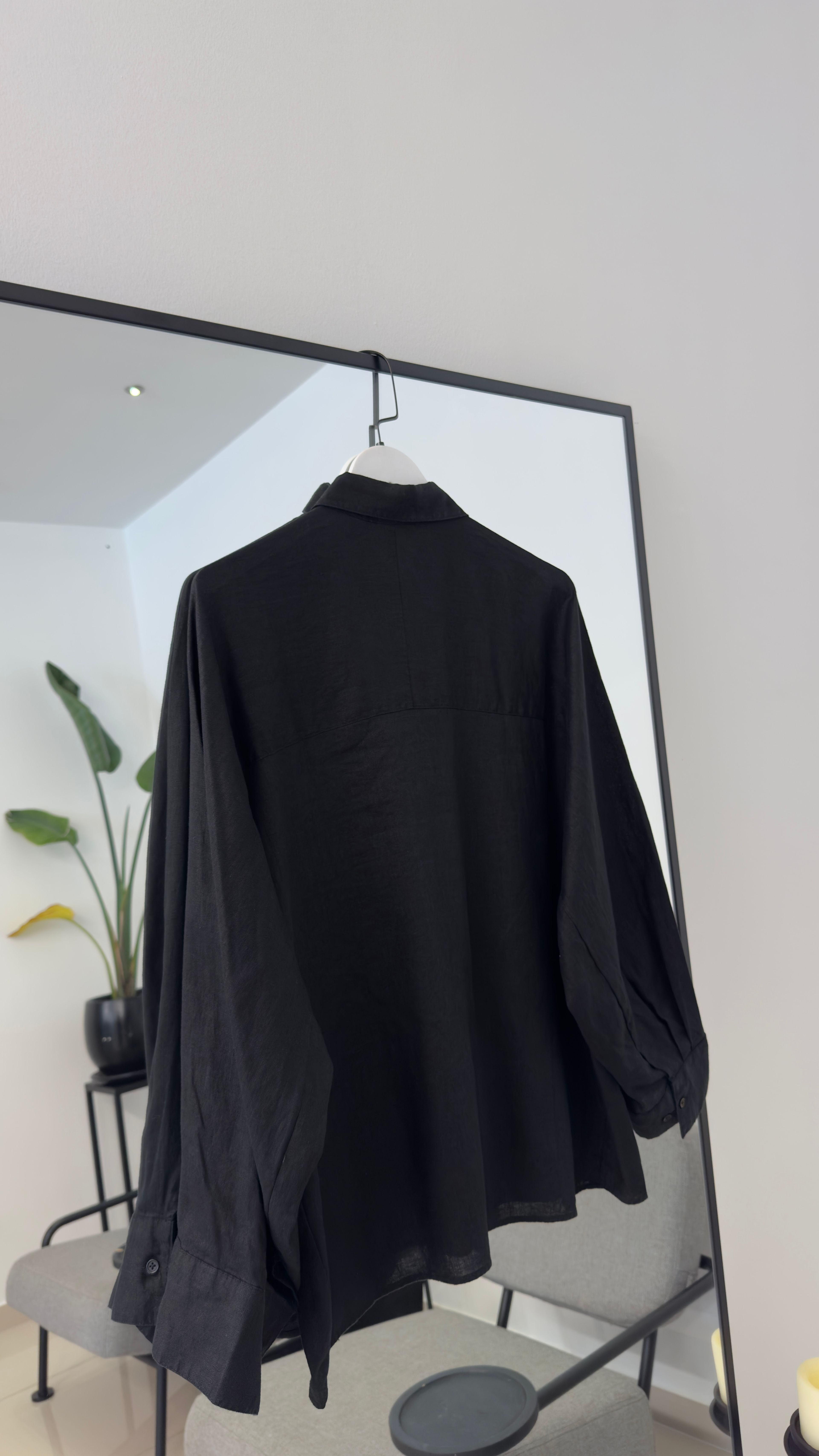 %100 Keten Siyah Oversize Gömlek