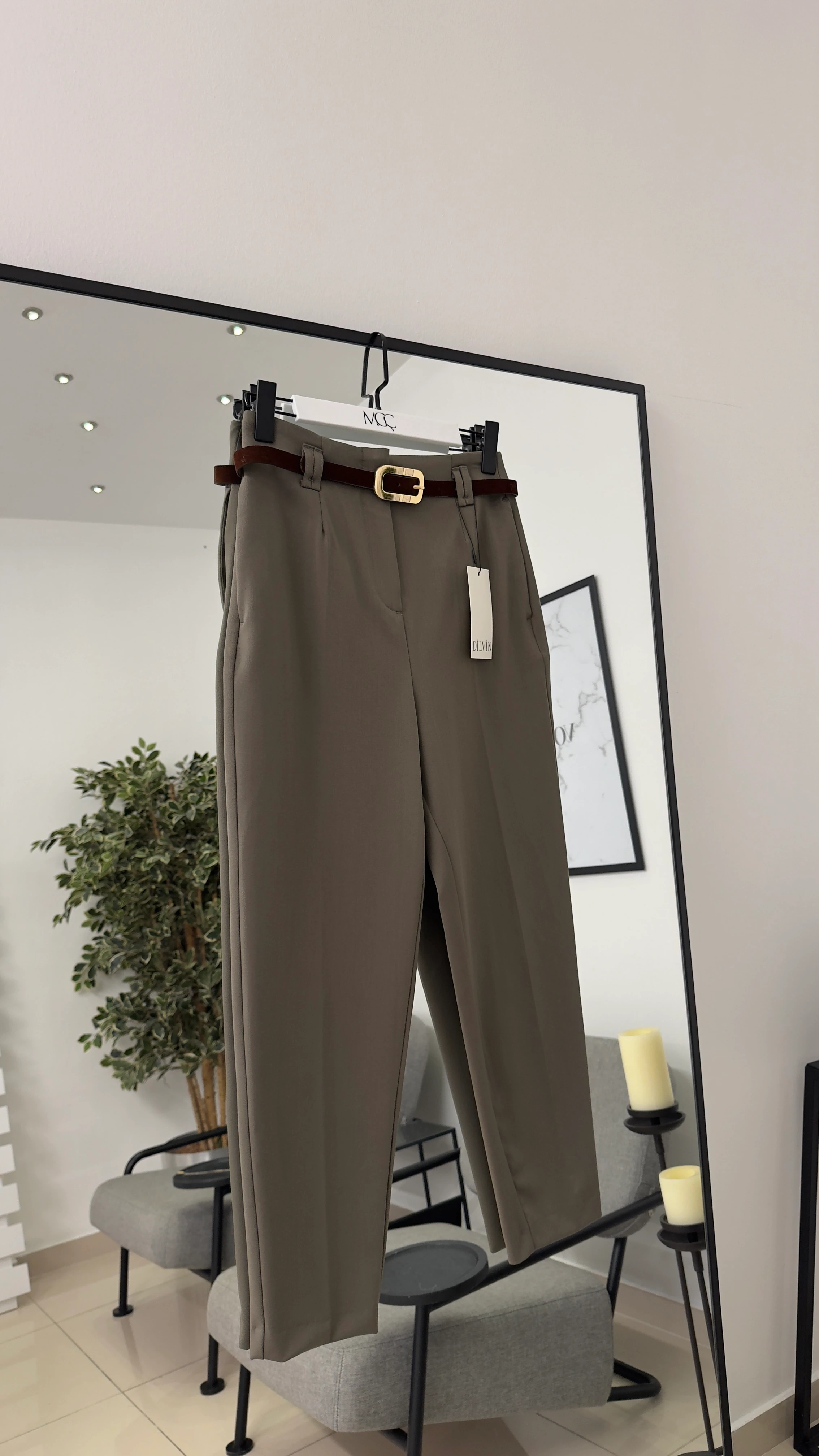 Kadife Kemerli Yüksek Bel Pantolon/ Yeşil