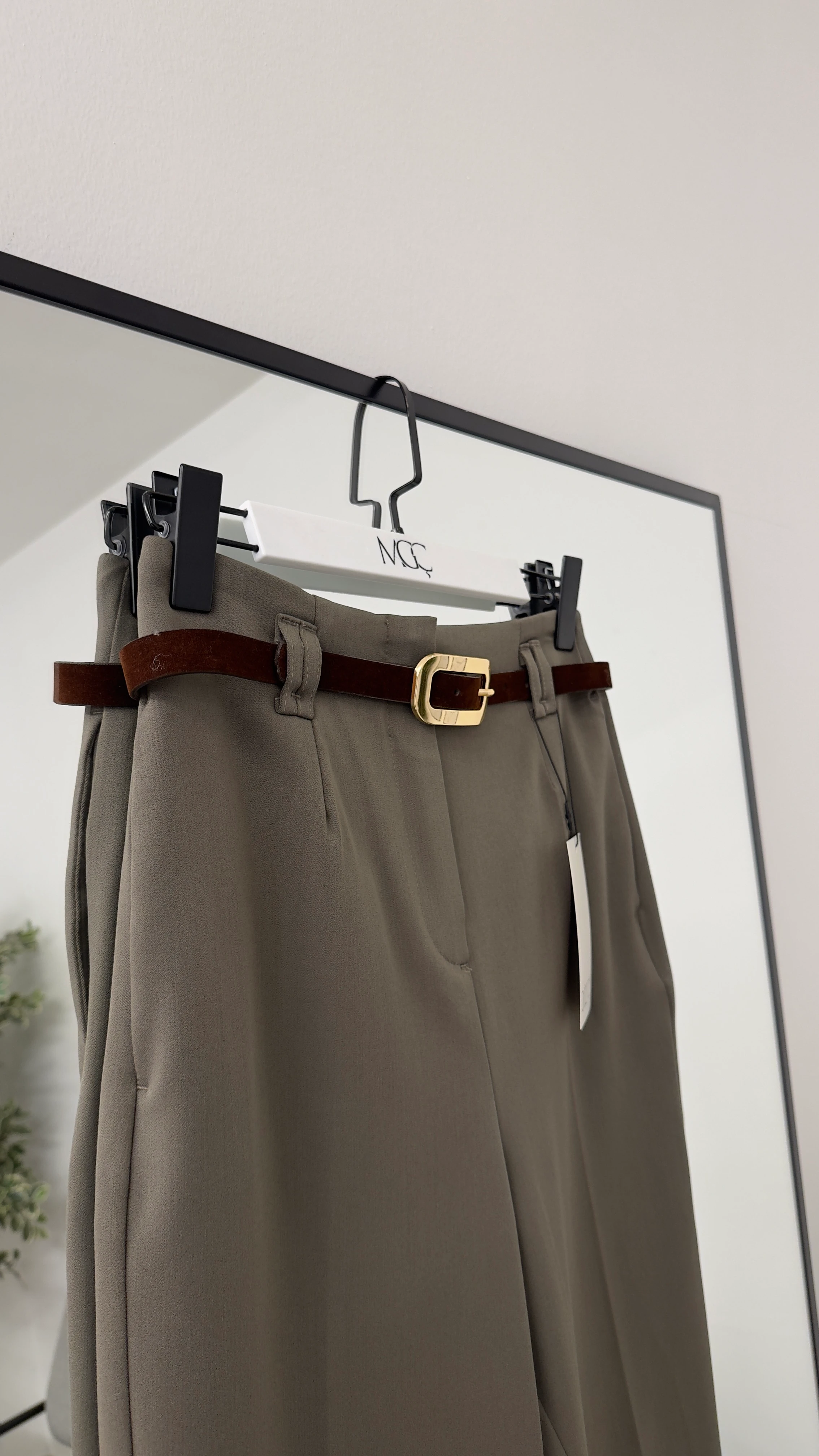 Kadife Kemerli Yüksek Bel Pantolon/ Yeşil