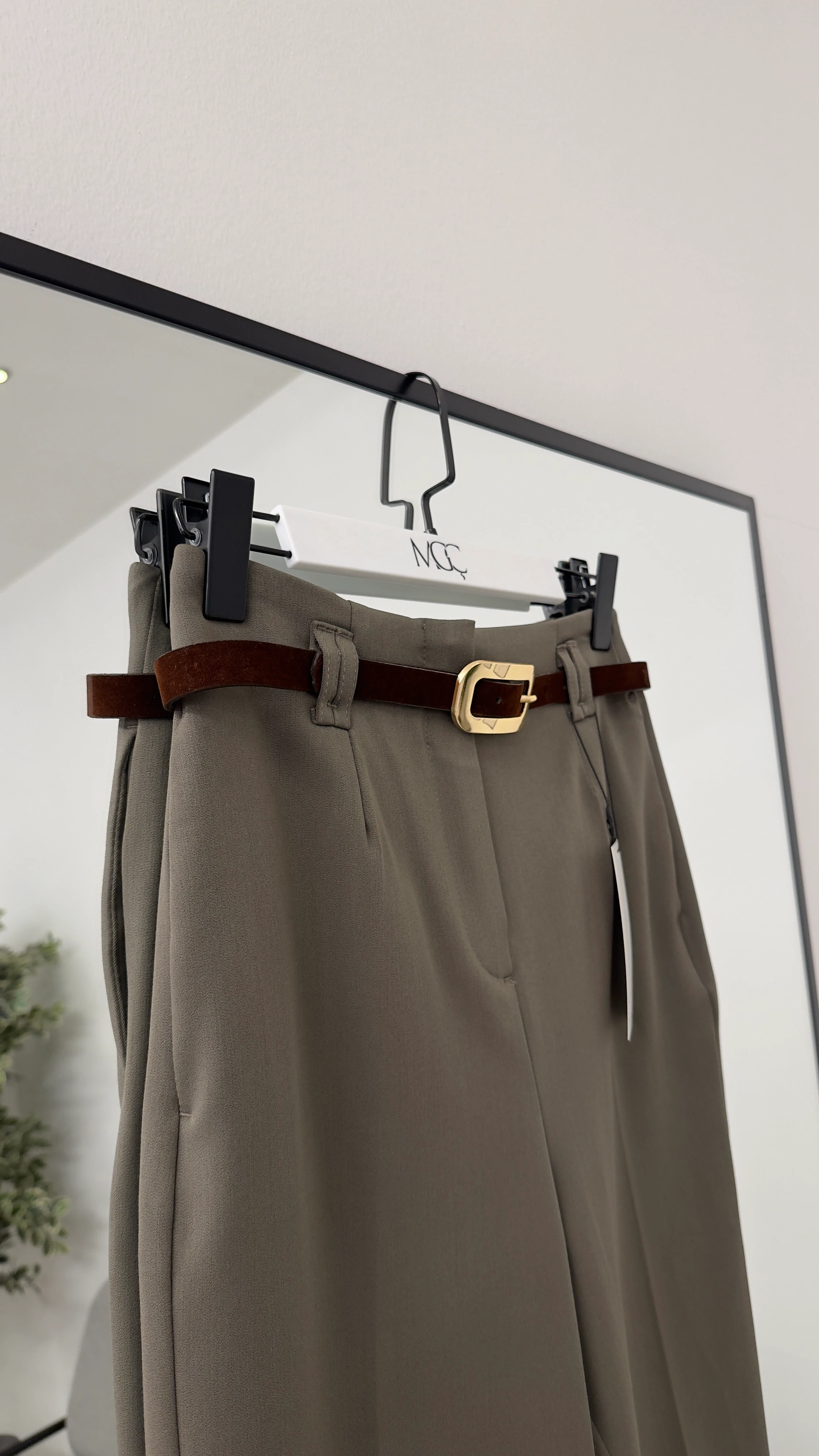 Kadife Kemerli Yüksek Bel Pantolon/ Yeşil