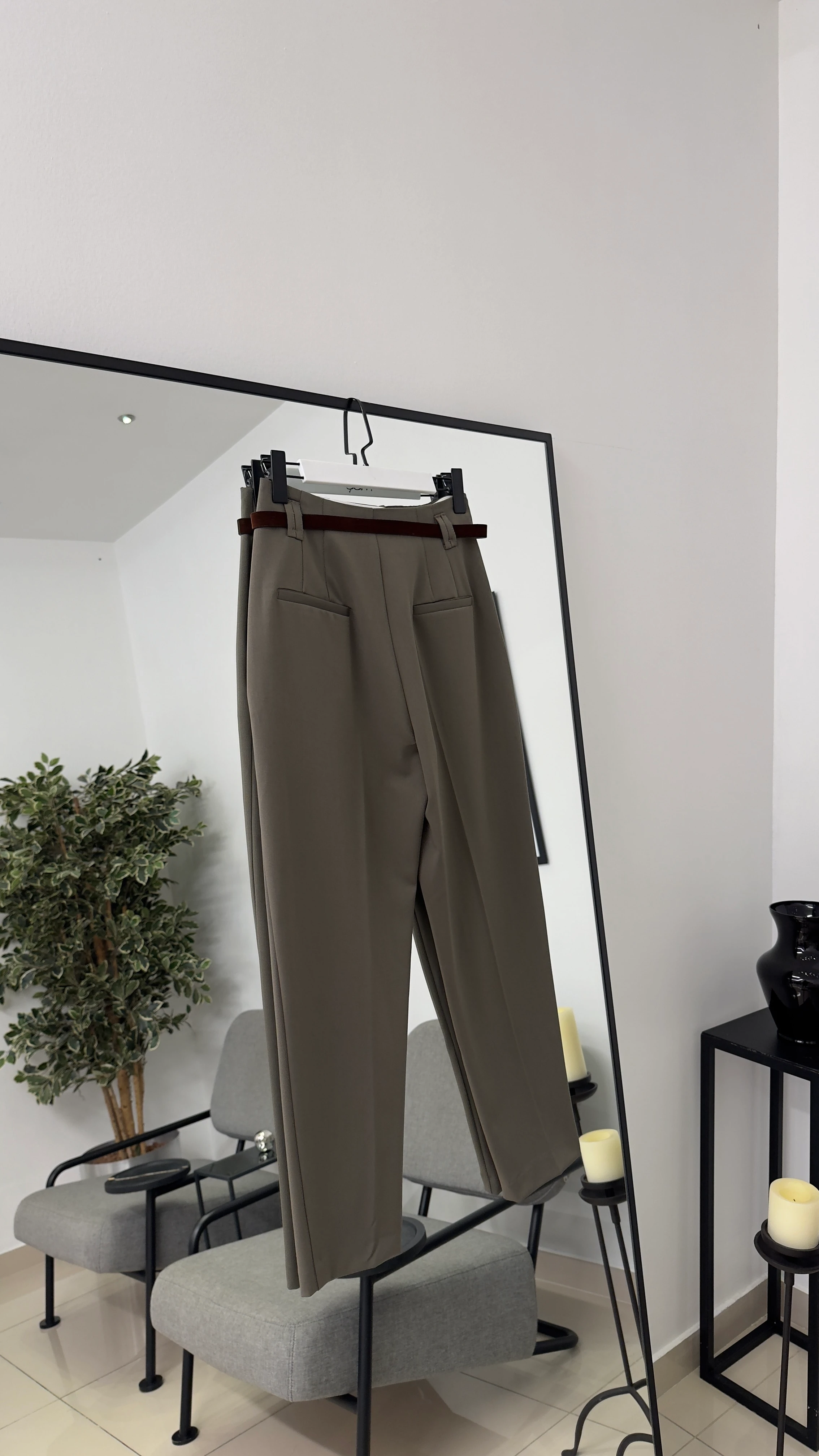 Kadife Kemerli Yüksek Bel Pantolon/ Yeşil