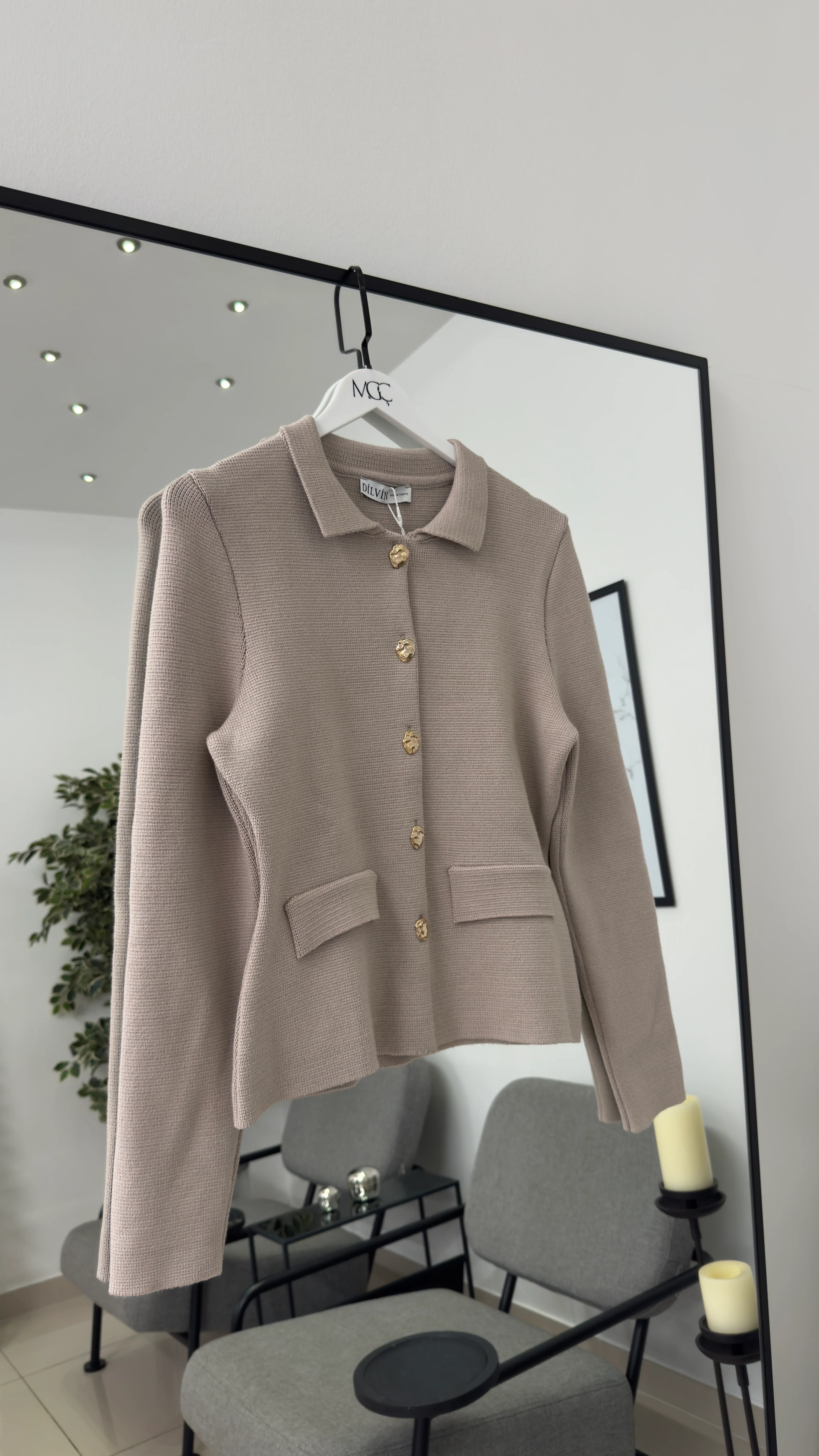 Polo Yaka Çelik Triko Hırka/Vizon