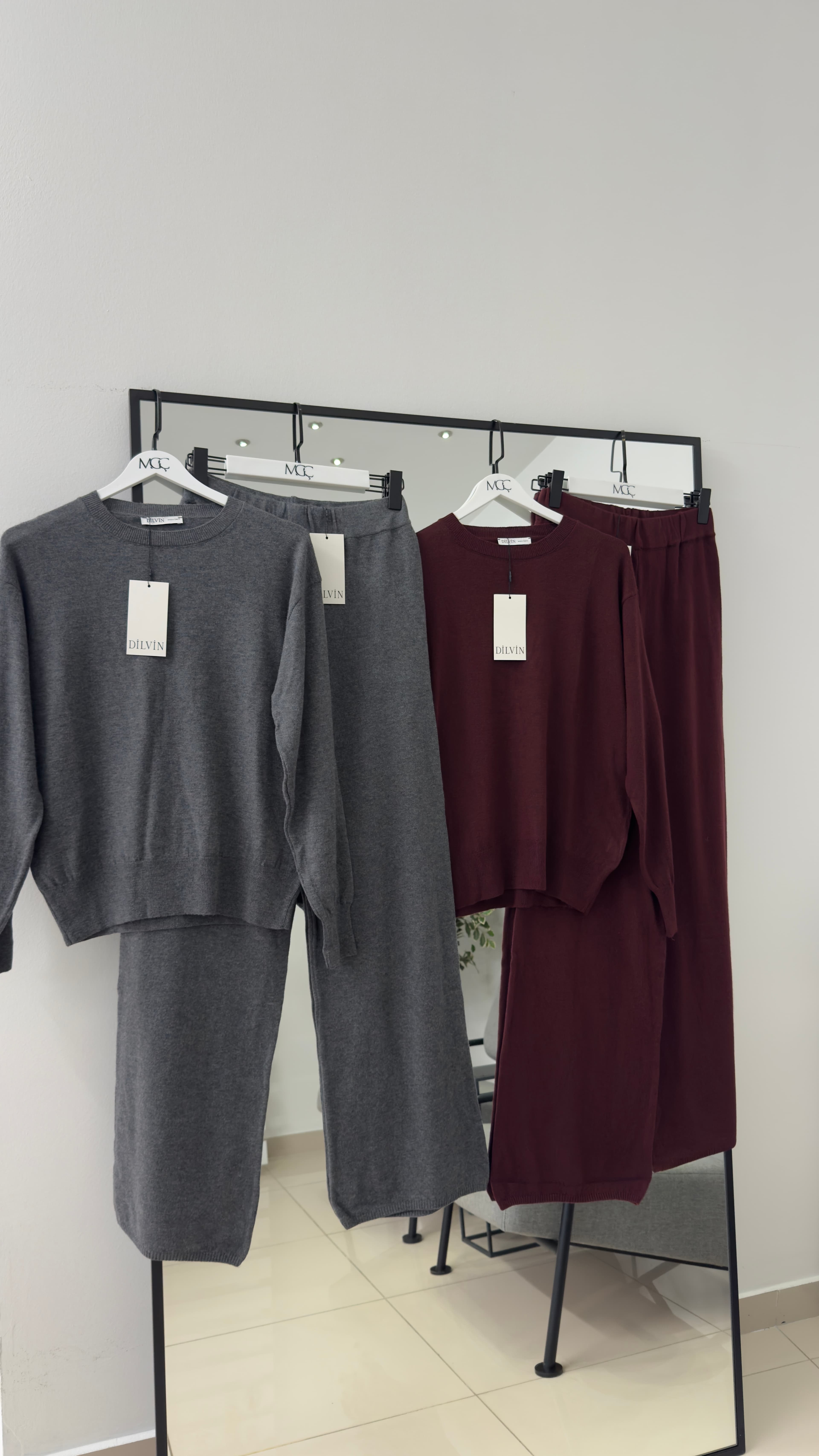 Beli Lastikli Yünlü Triko Pantolon- Bordo/Füme