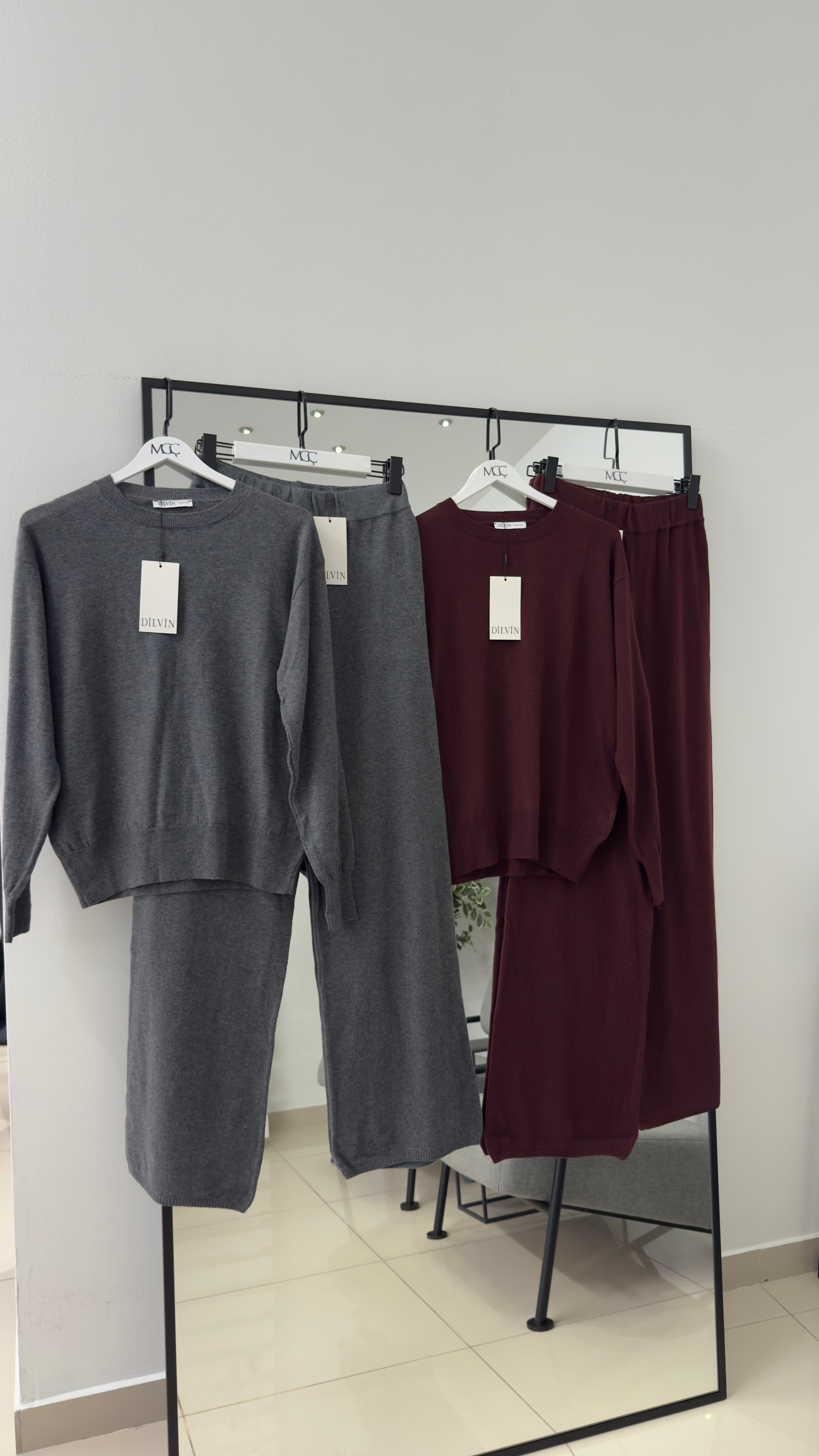 Beli Lastikli Yünlü Triko Pantolon- Bordo/Füme