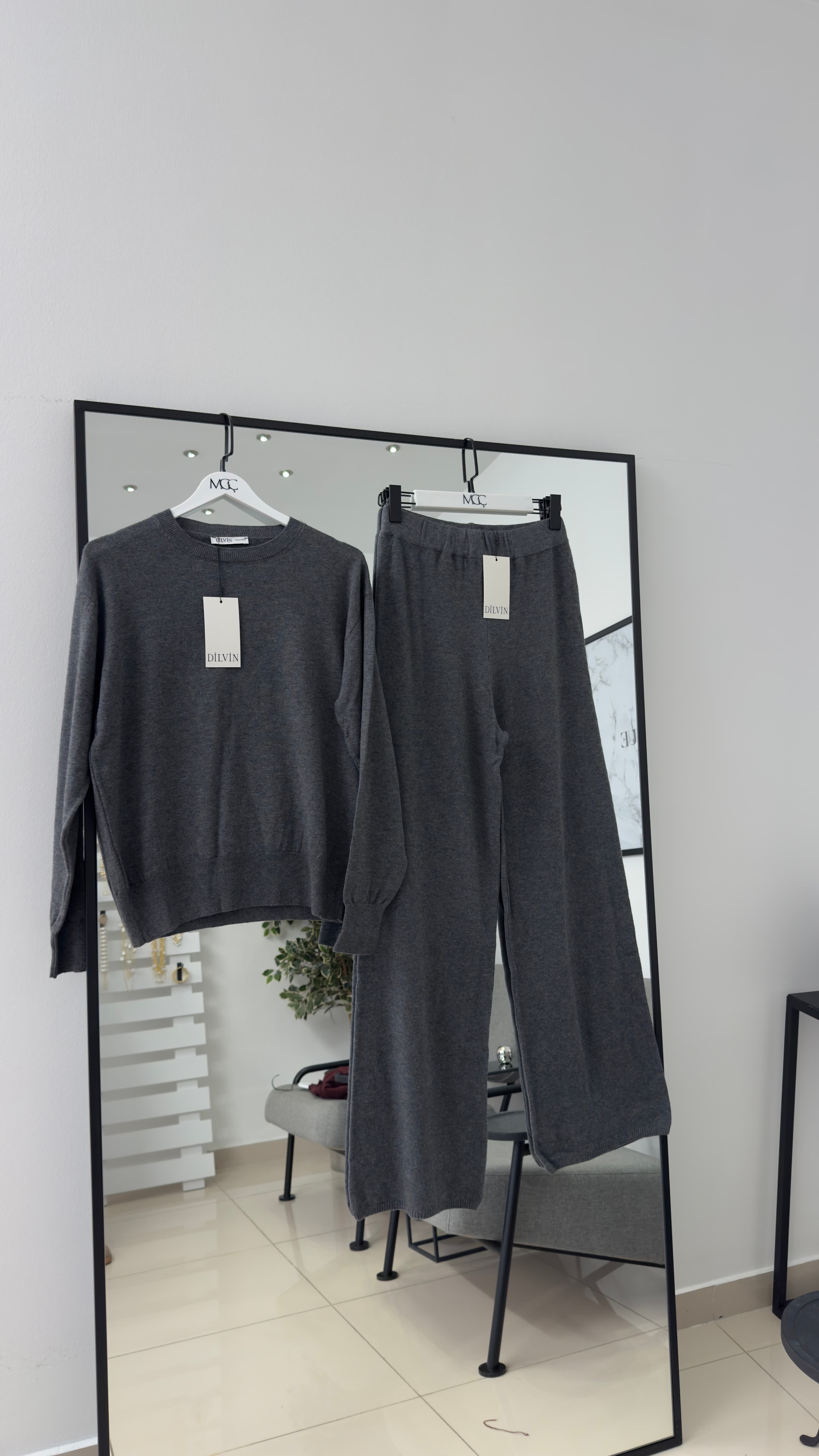Beli Lastikli Yünlü Triko Pantolon- Bordo/Füme