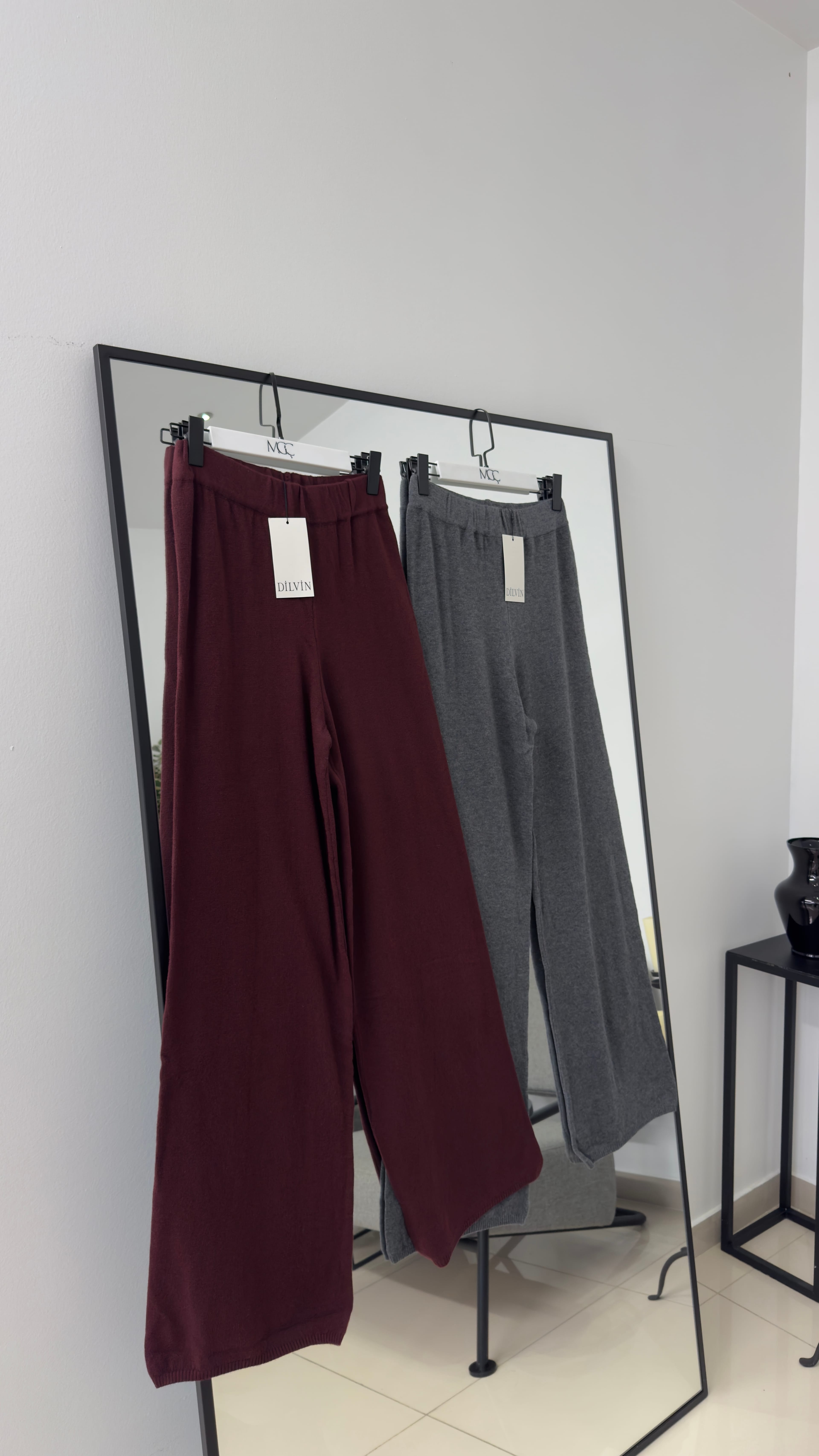 Beli Lastikli Yünlü Triko Pantolon- Bordo/Füme