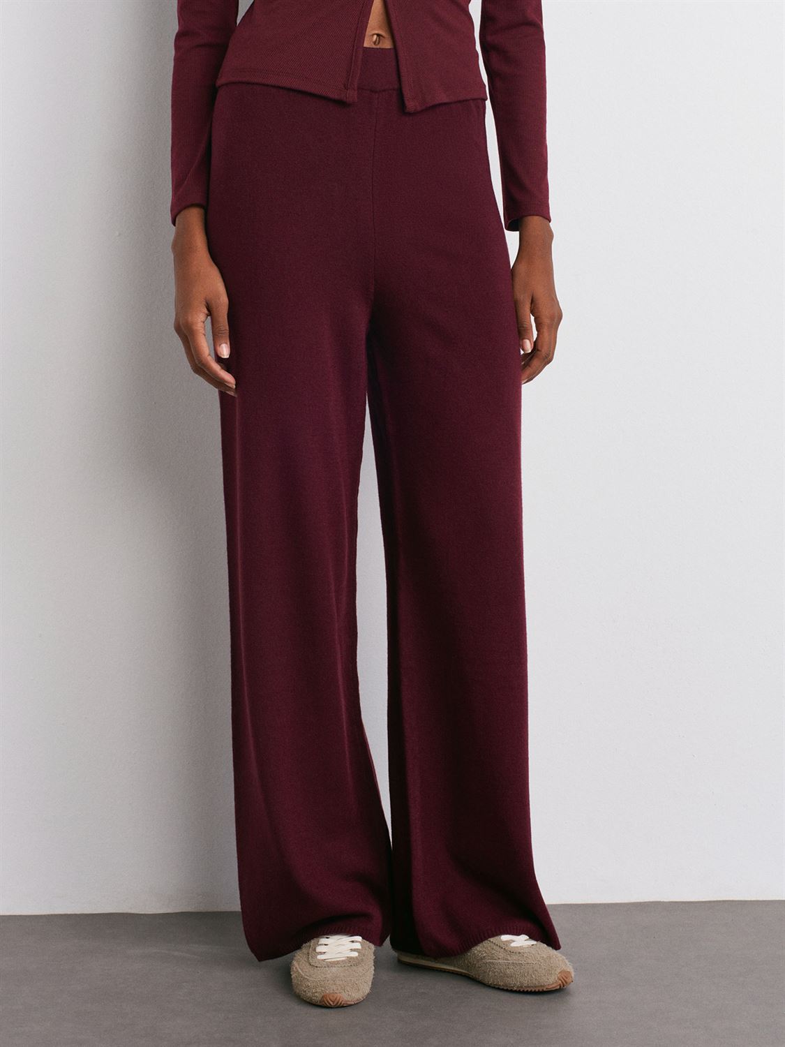 Beli Lastikli Yünlü Triko Pantolon- Bordo/Füme