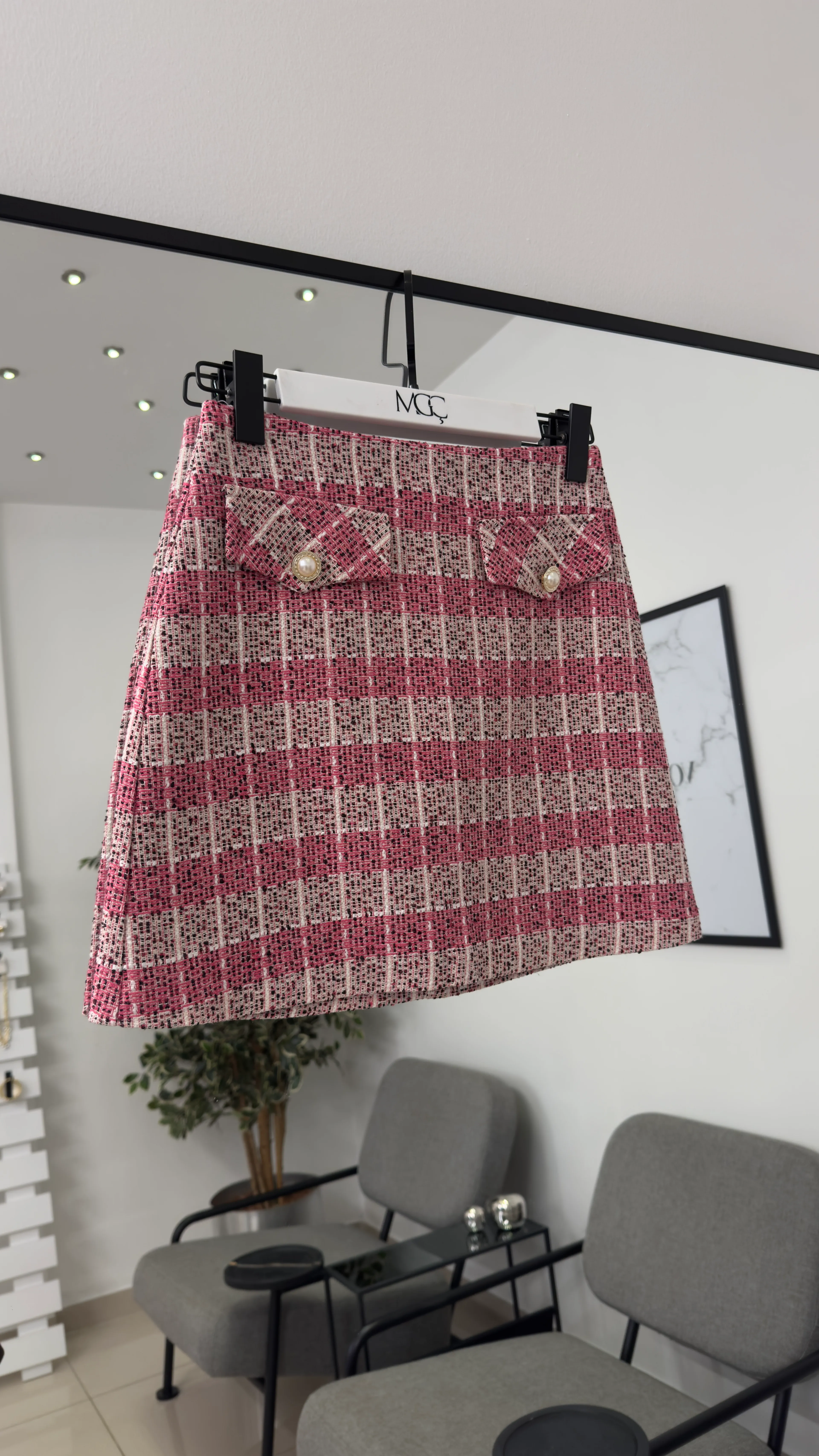 Ekose Pembe Cep Detaylı Mini Etek