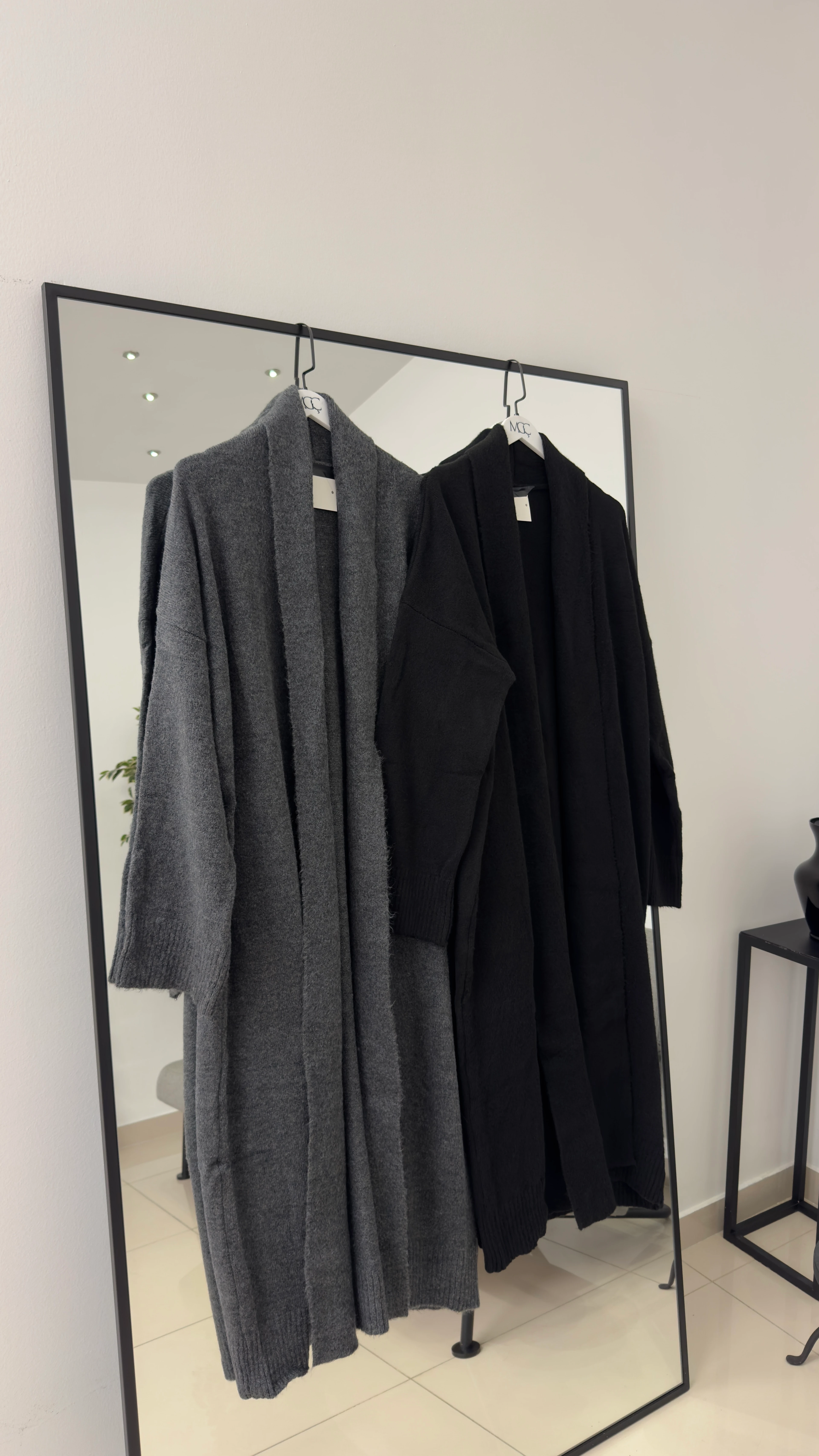 Uzun Triko Hırka - Gri/Siyah