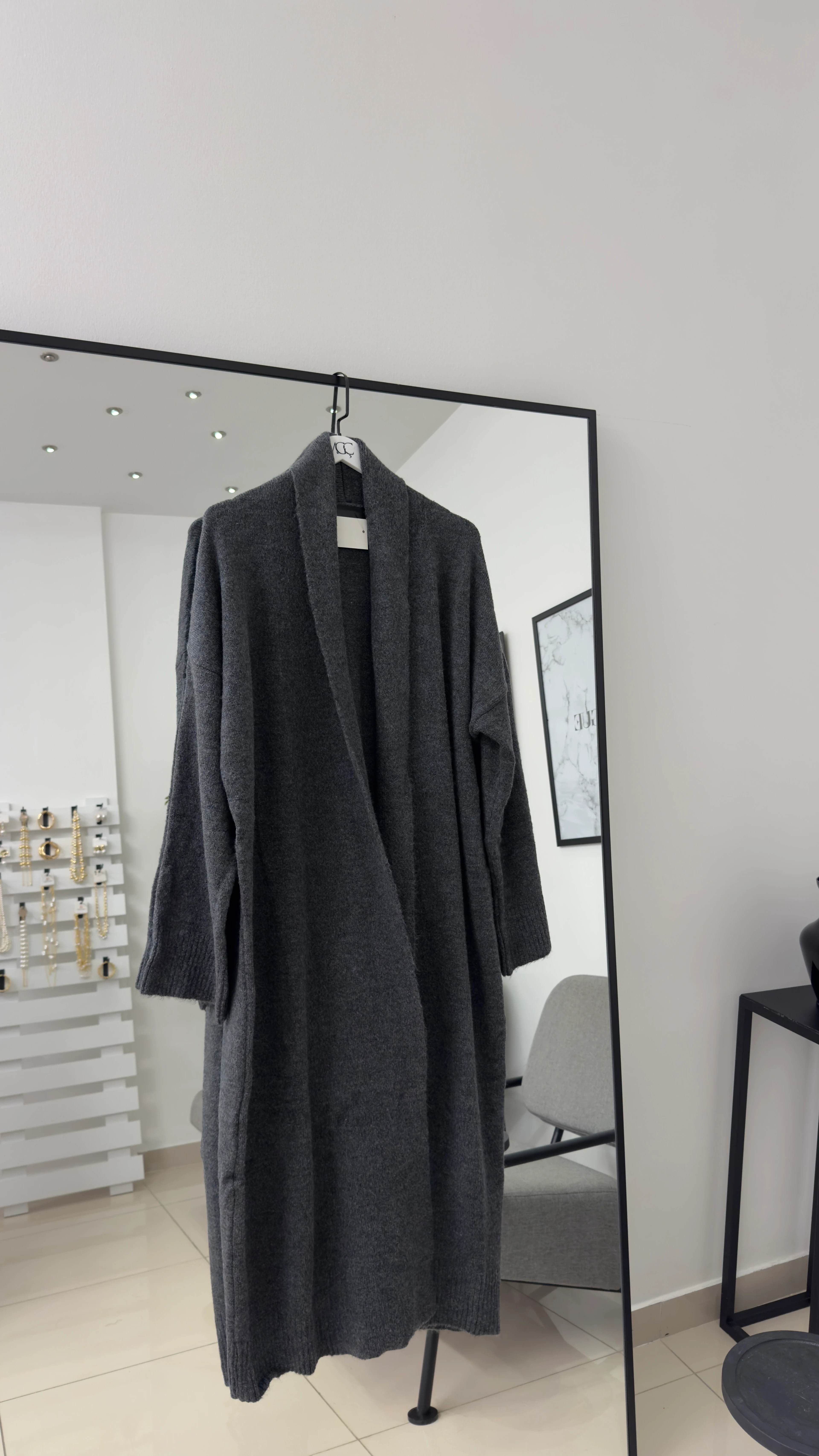 Uzun Triko Hırka - Gri/Siyah