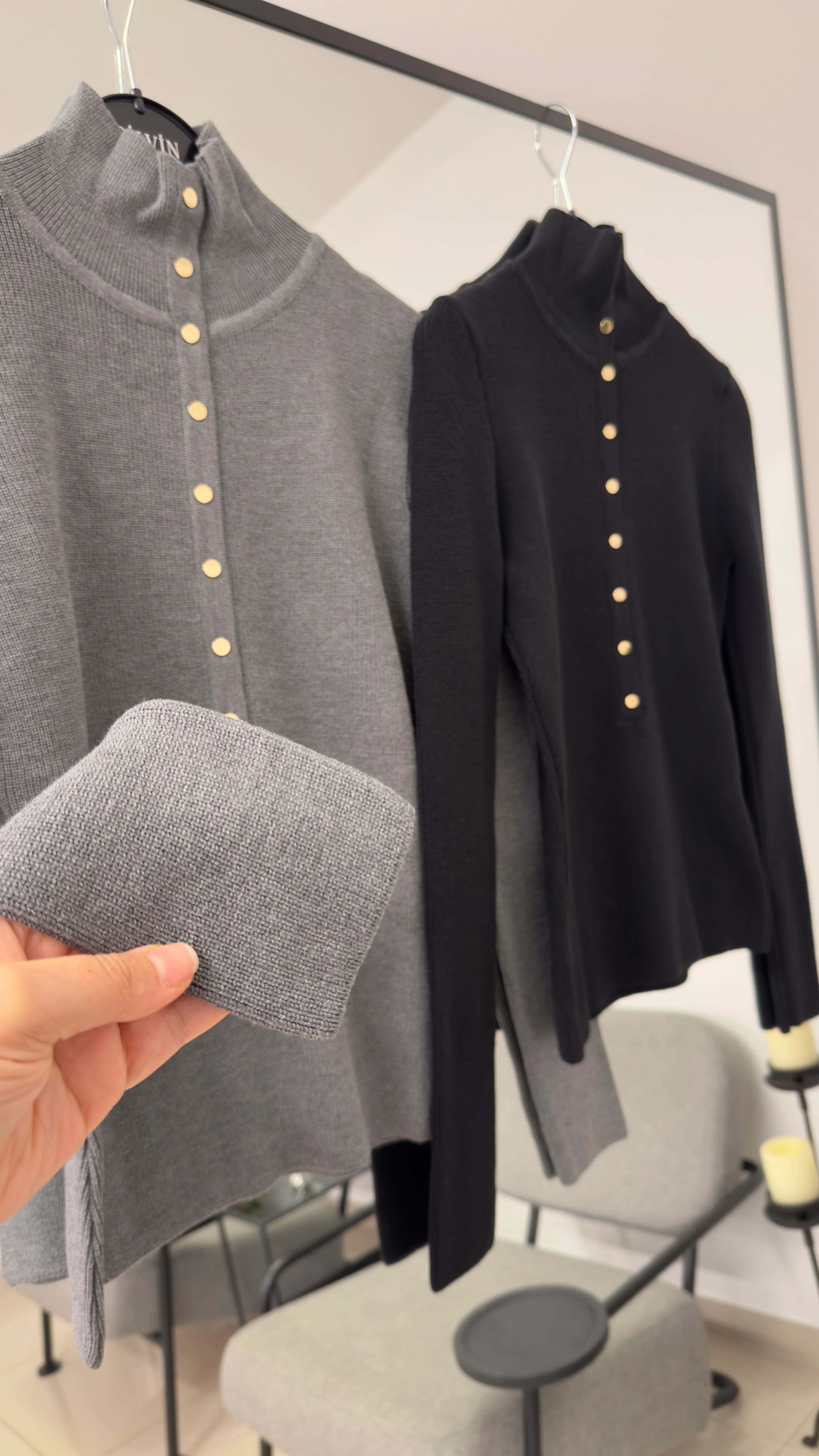 Dik Yaka Çıtçıtlı Triko Kazak- Gri/Siyah/İndigo