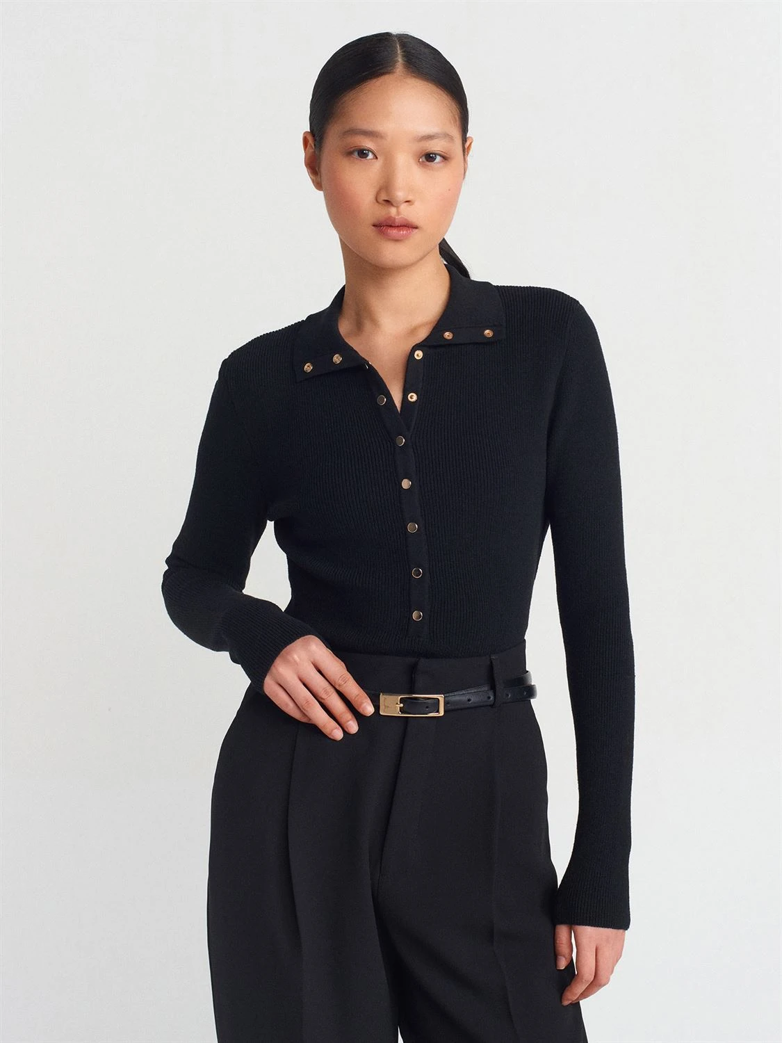 Dik Yaka Çıtçıtlı Triko Kazak- Gri/Siyah/İndigo