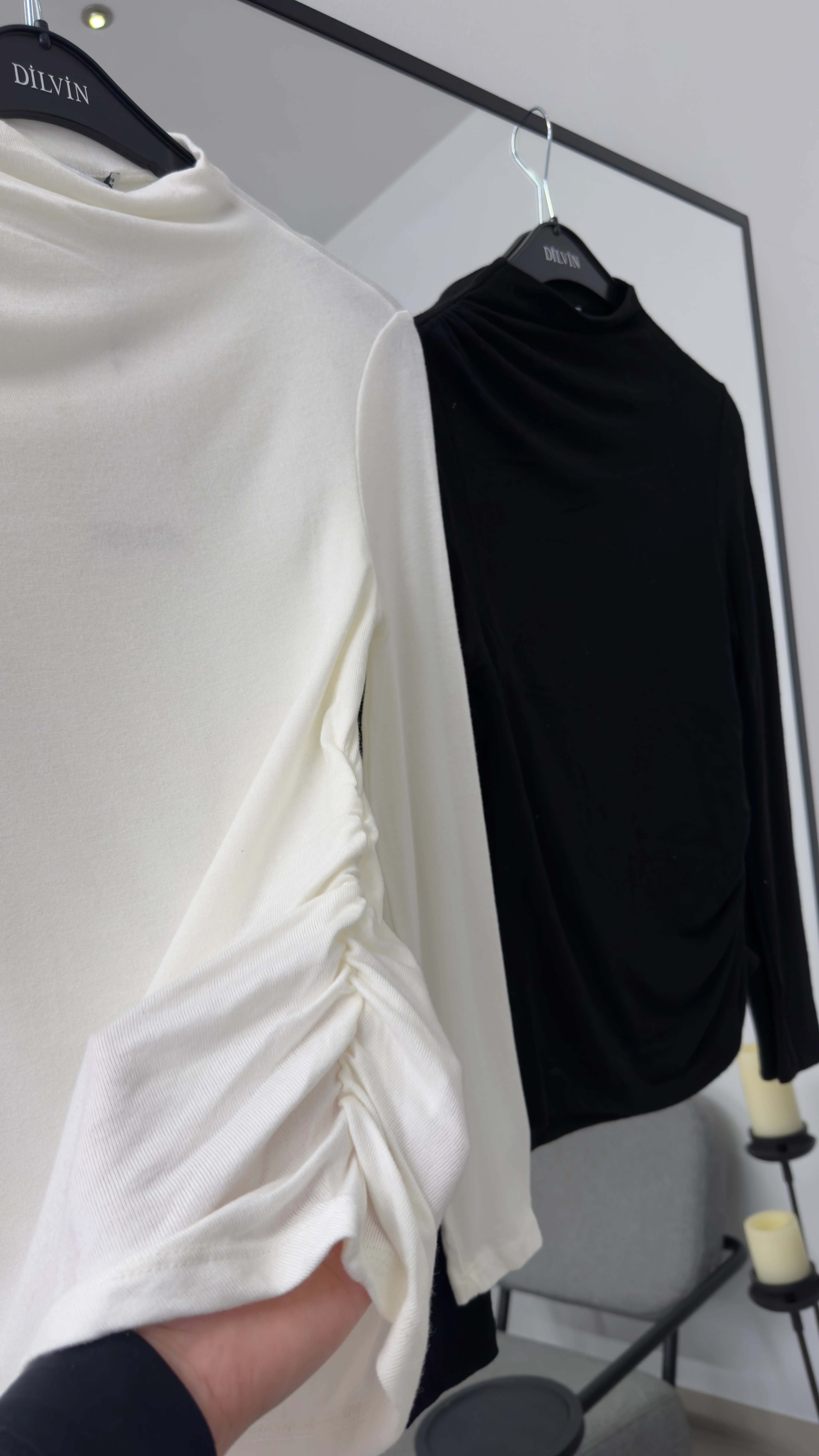 Büzgülü Uzun Kollu Top - Siyah/Ekru