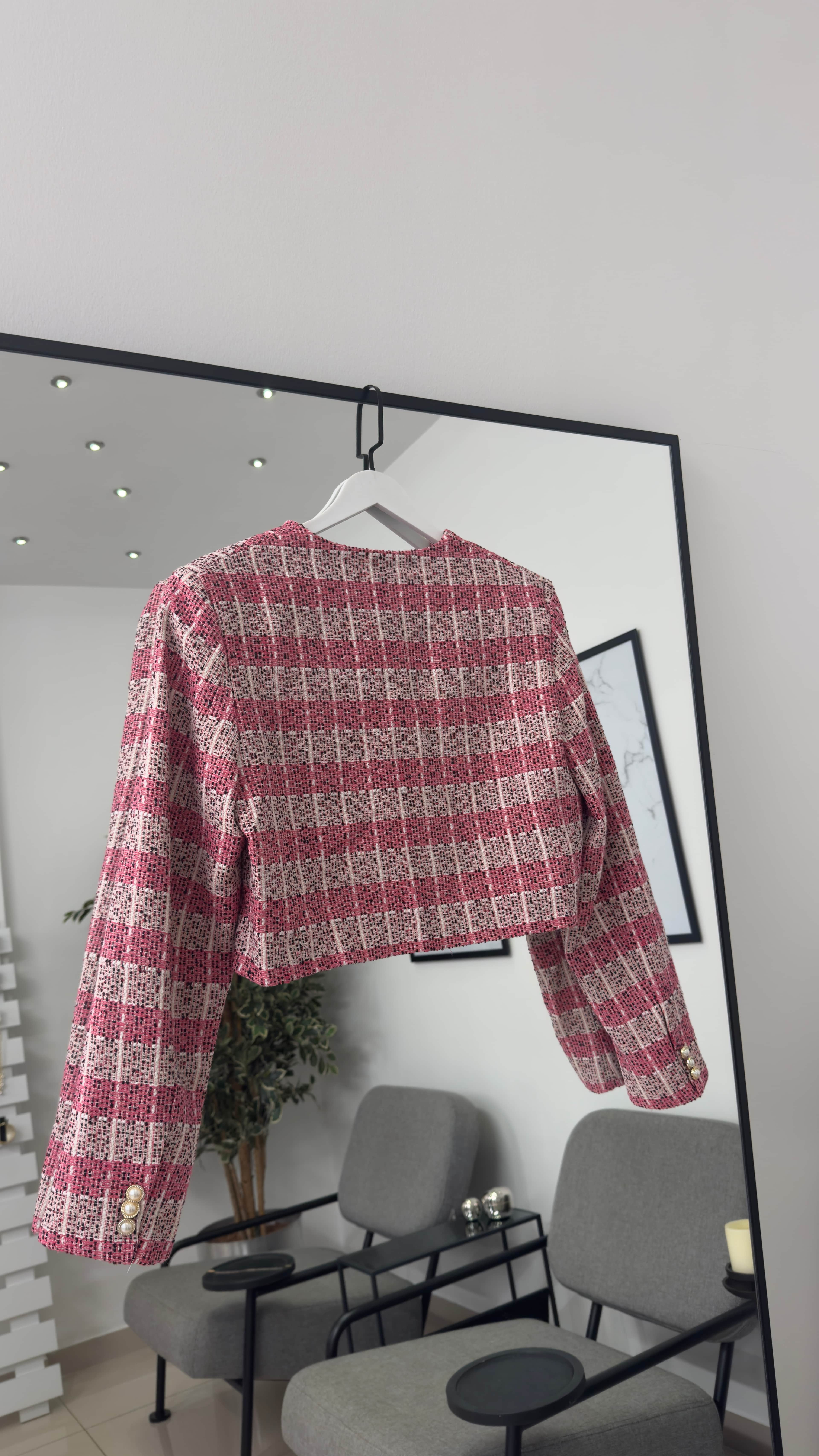 Ekose Pembe Cep Detaylı Mini Ceket