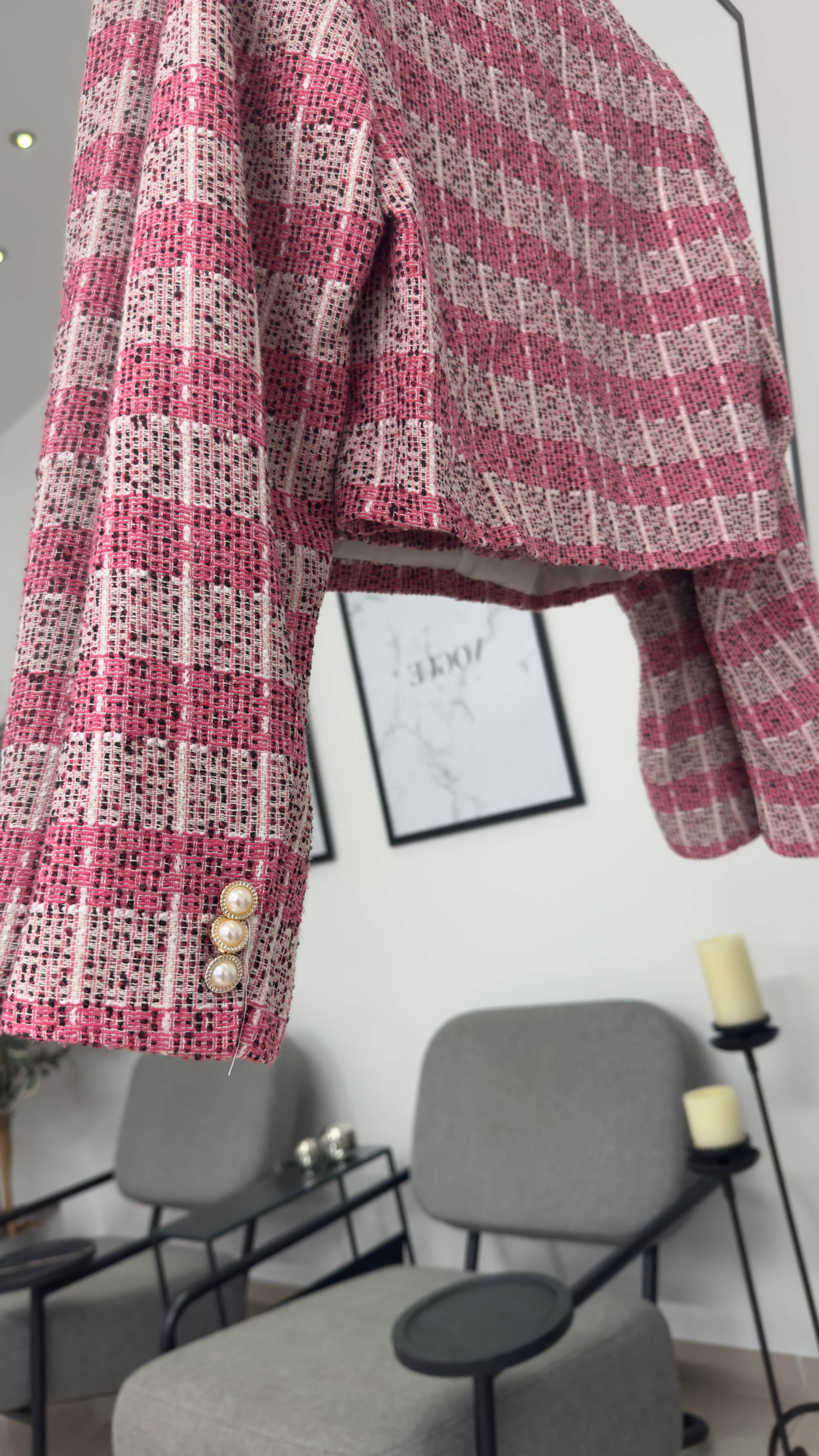 Ekose Pembe Cep Detaylı Mini Ceket