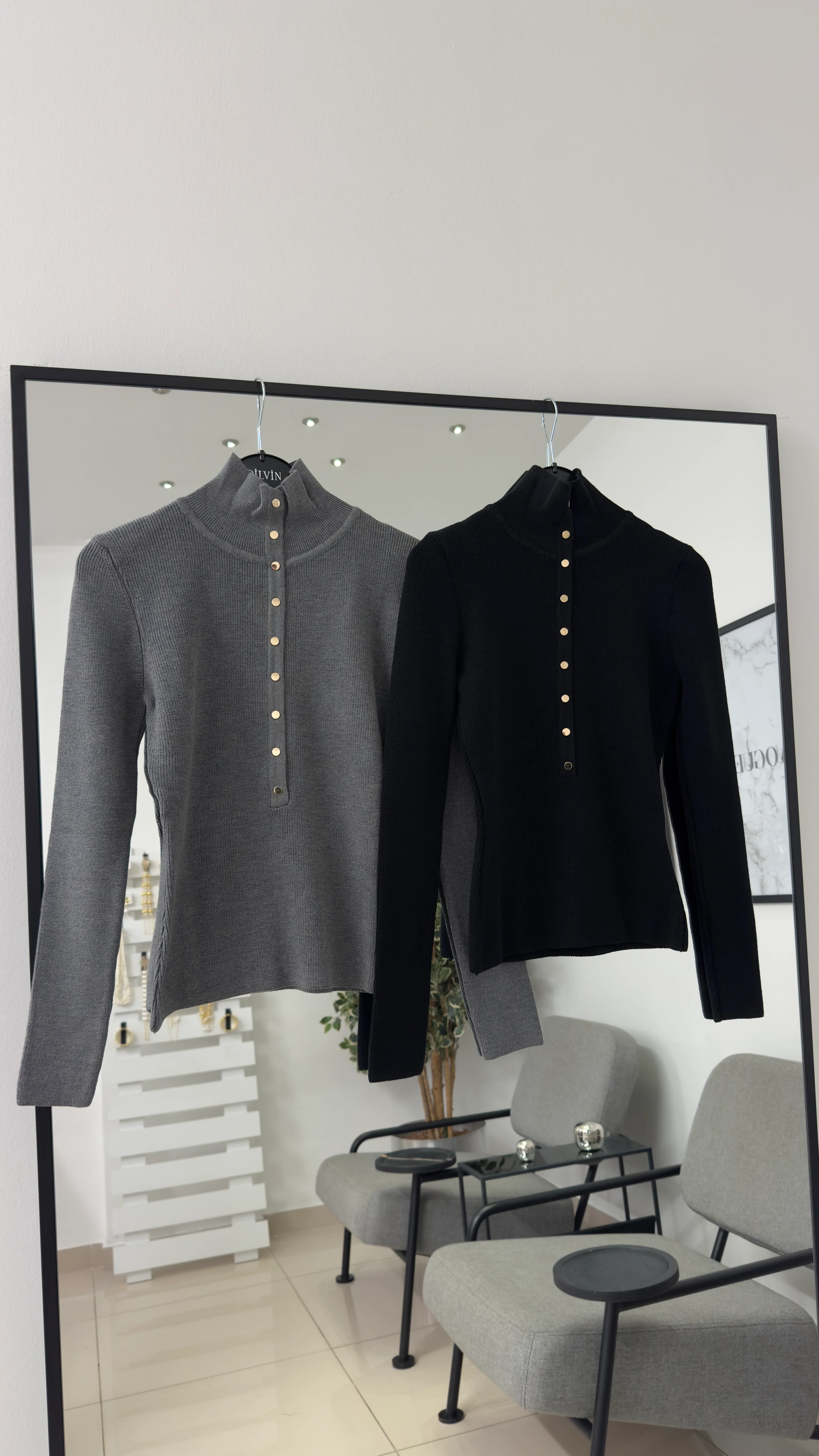 Dik Yaka Çıtçıtlı Triko Kazak- Gri/Siyah/İndigo