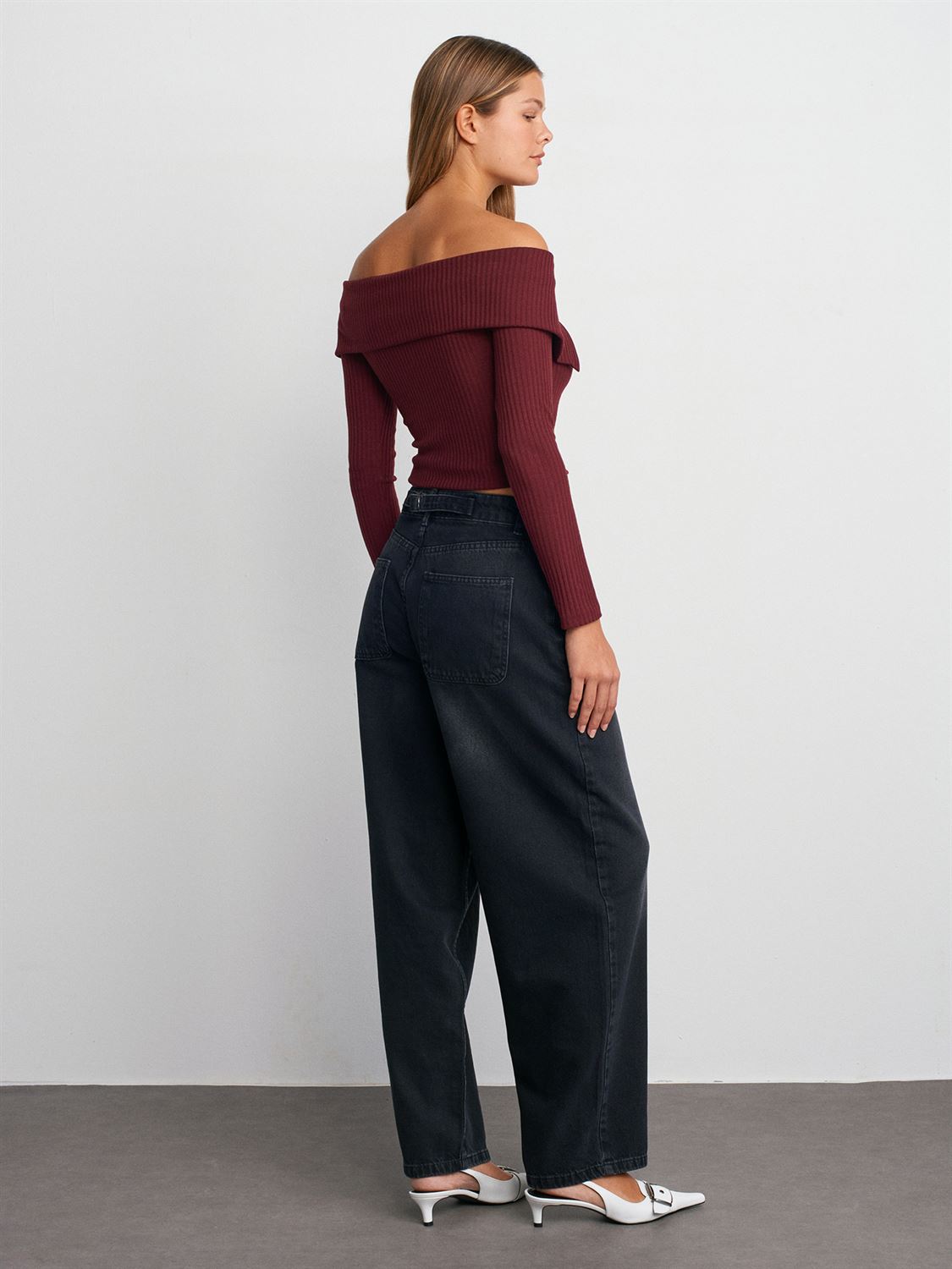 Arkası Kuşaklı Balon Denim Pantolon / Antrasit