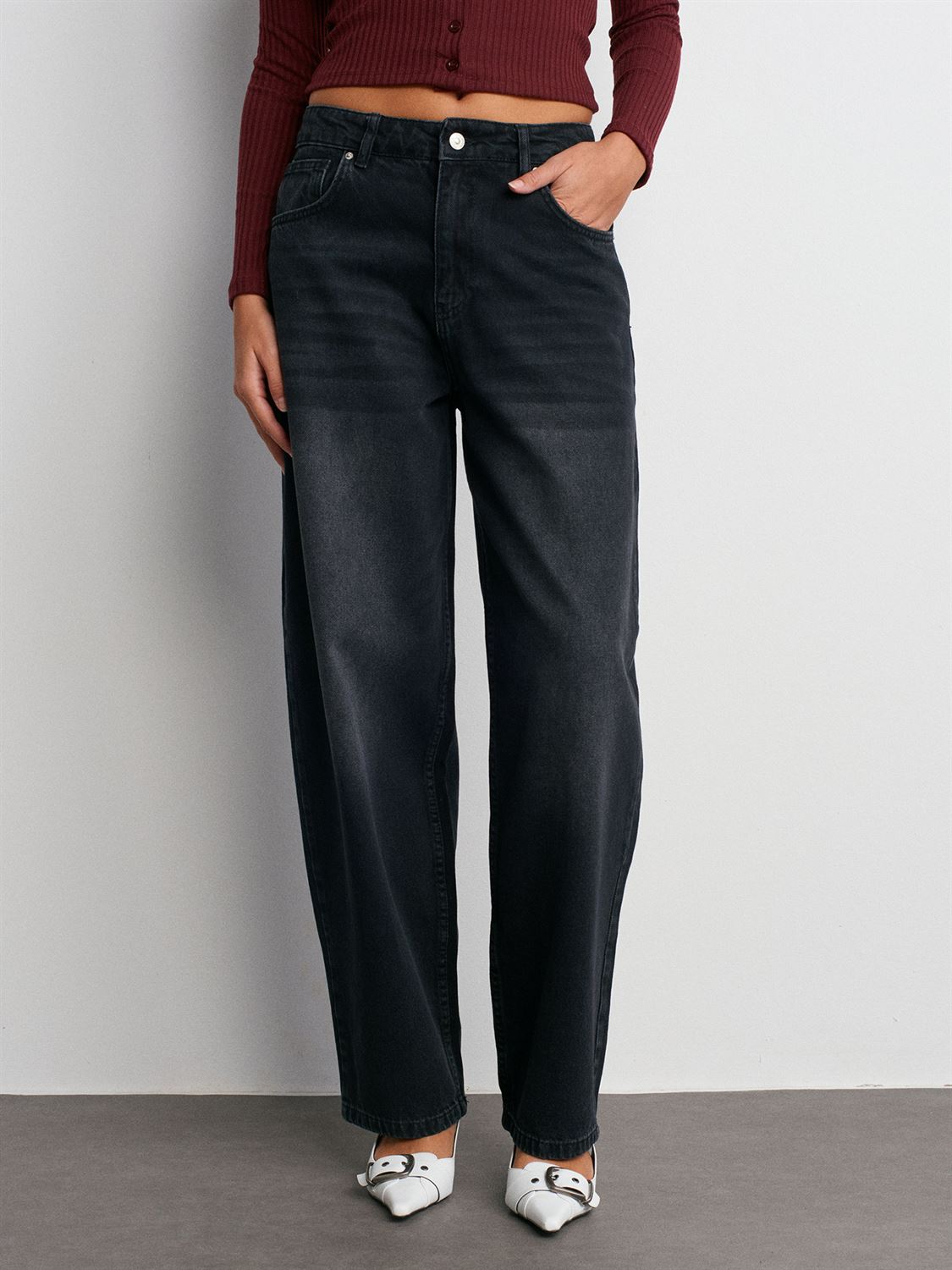 Arkası Kuşaklı Balon Denim Pantolon / Antrasit
