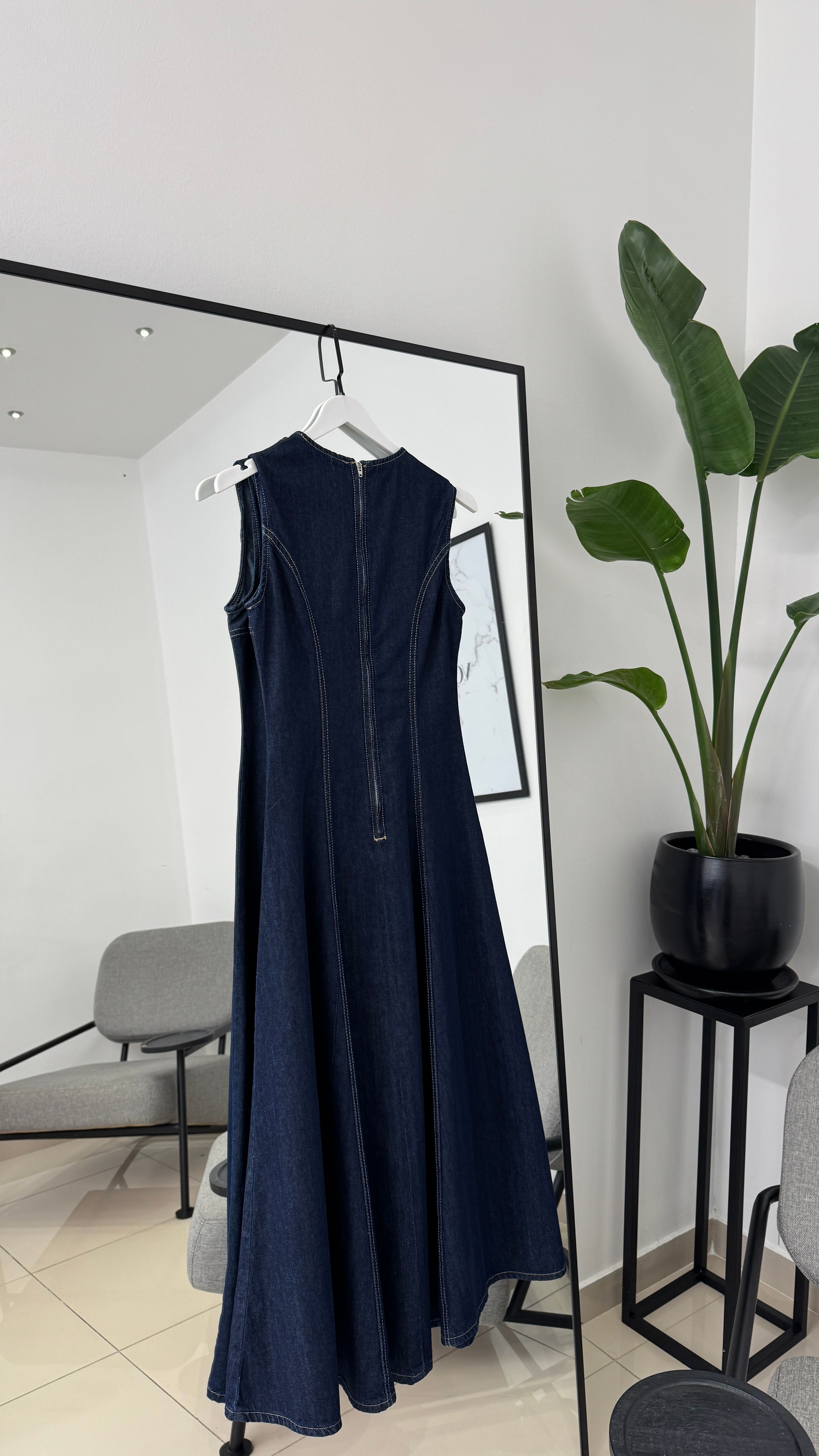 Yanları Kuplu Uzun Denim Elbise-Lacivert