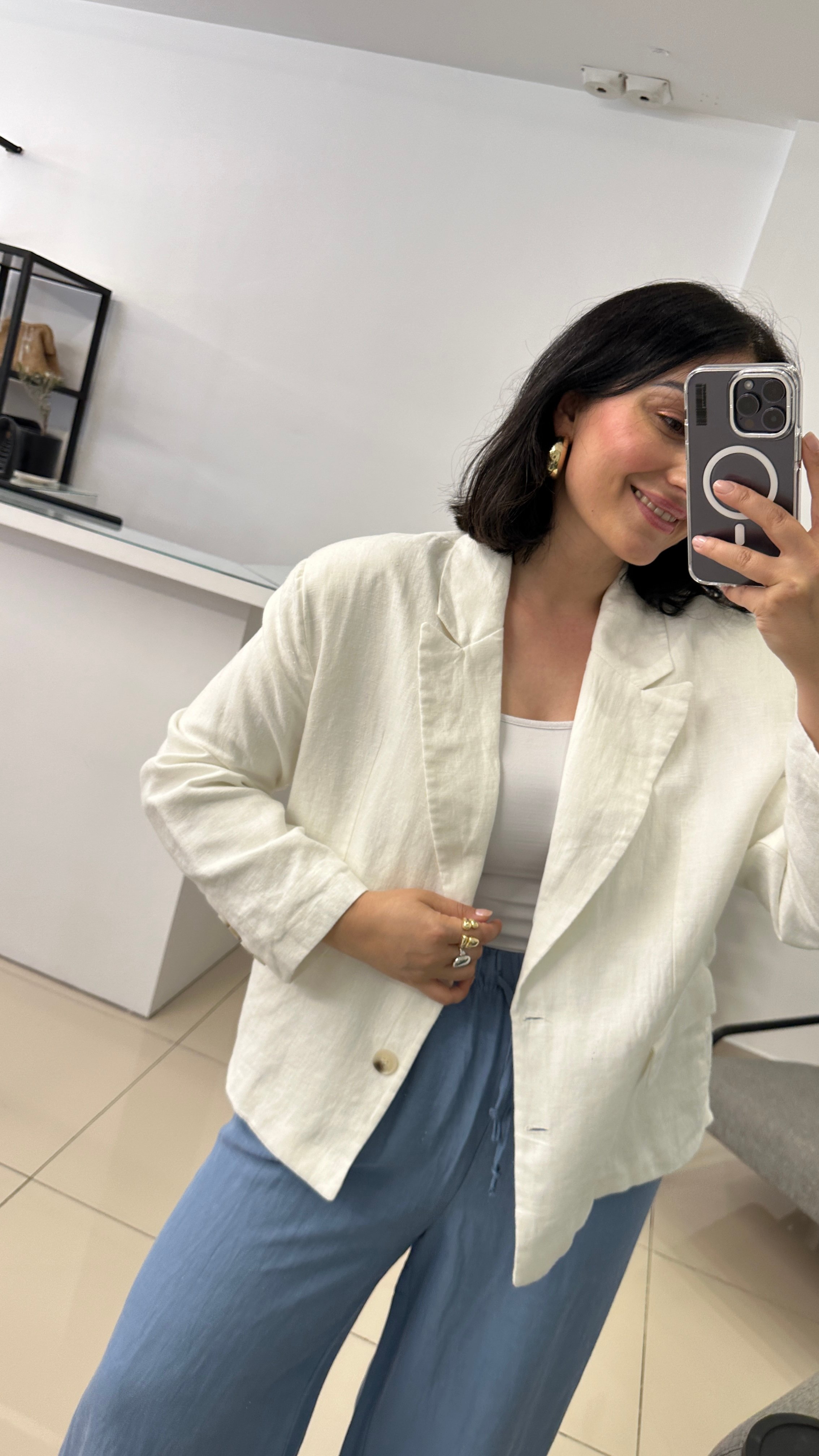 Oversize Beyaz Keten Ceket