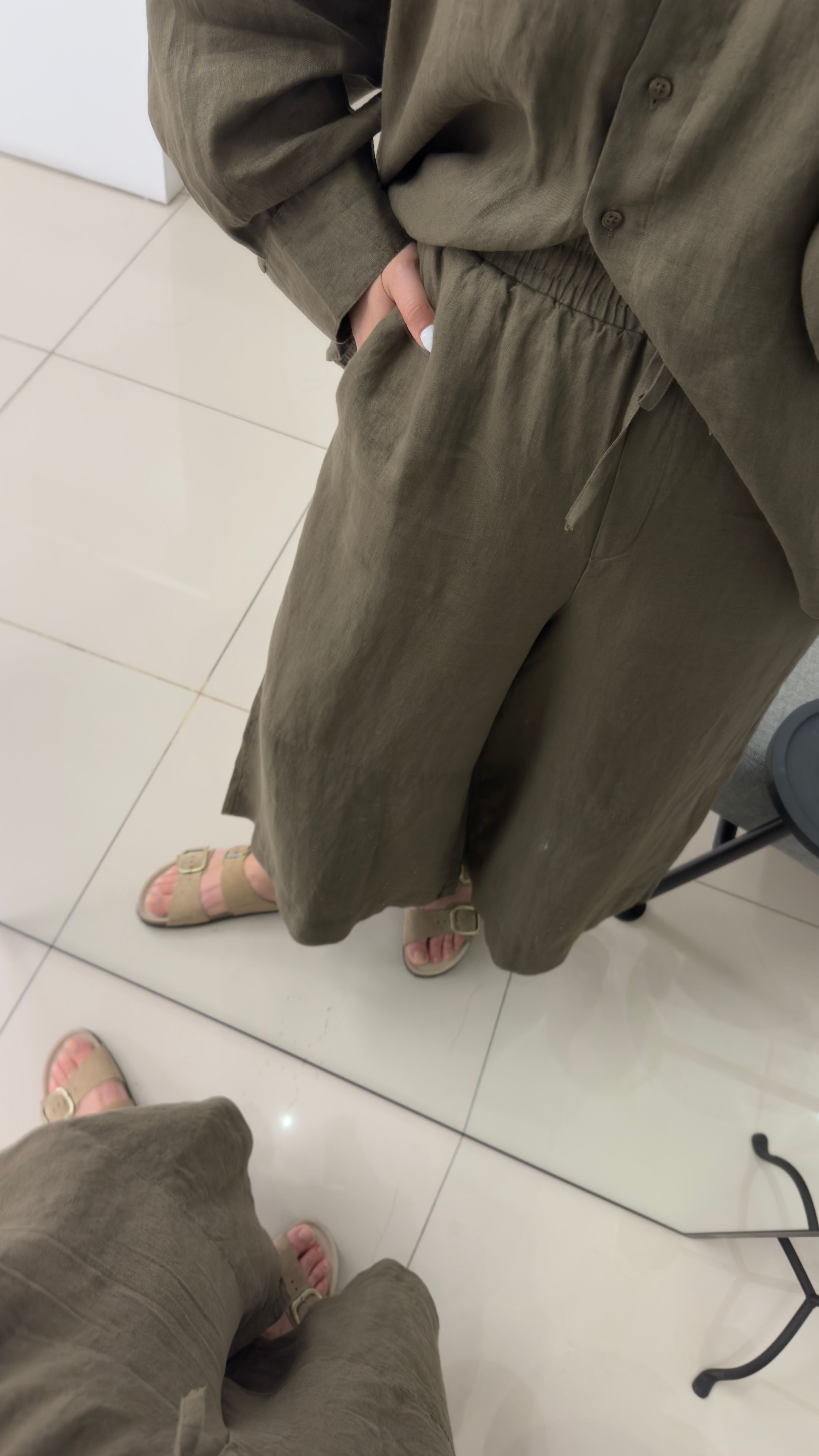 %100 Keten Haki Geniş Paça Pantolon