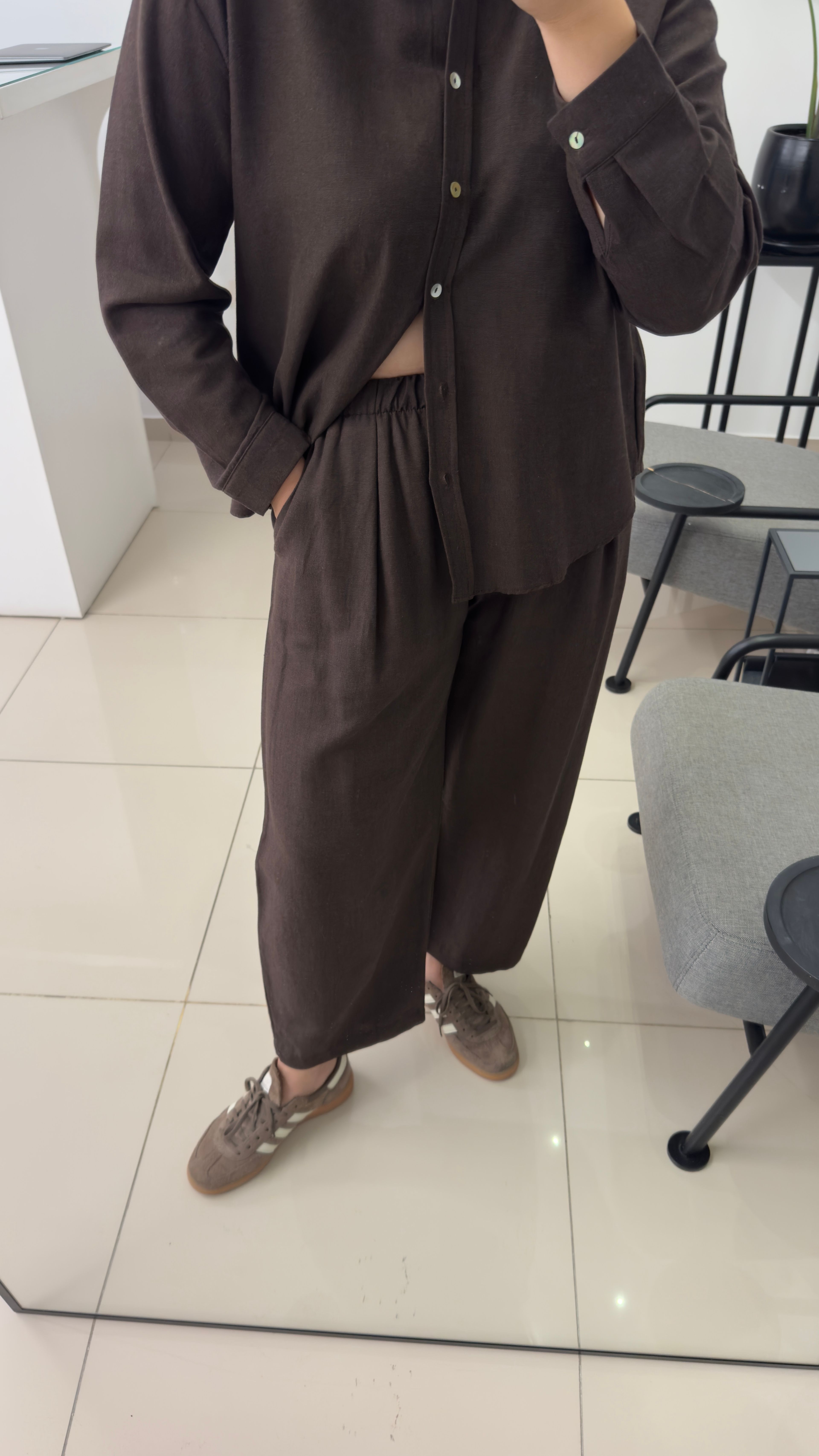 Bol Paça Beli Lastikli Pantolon/ Gömlek Takım - Kahve