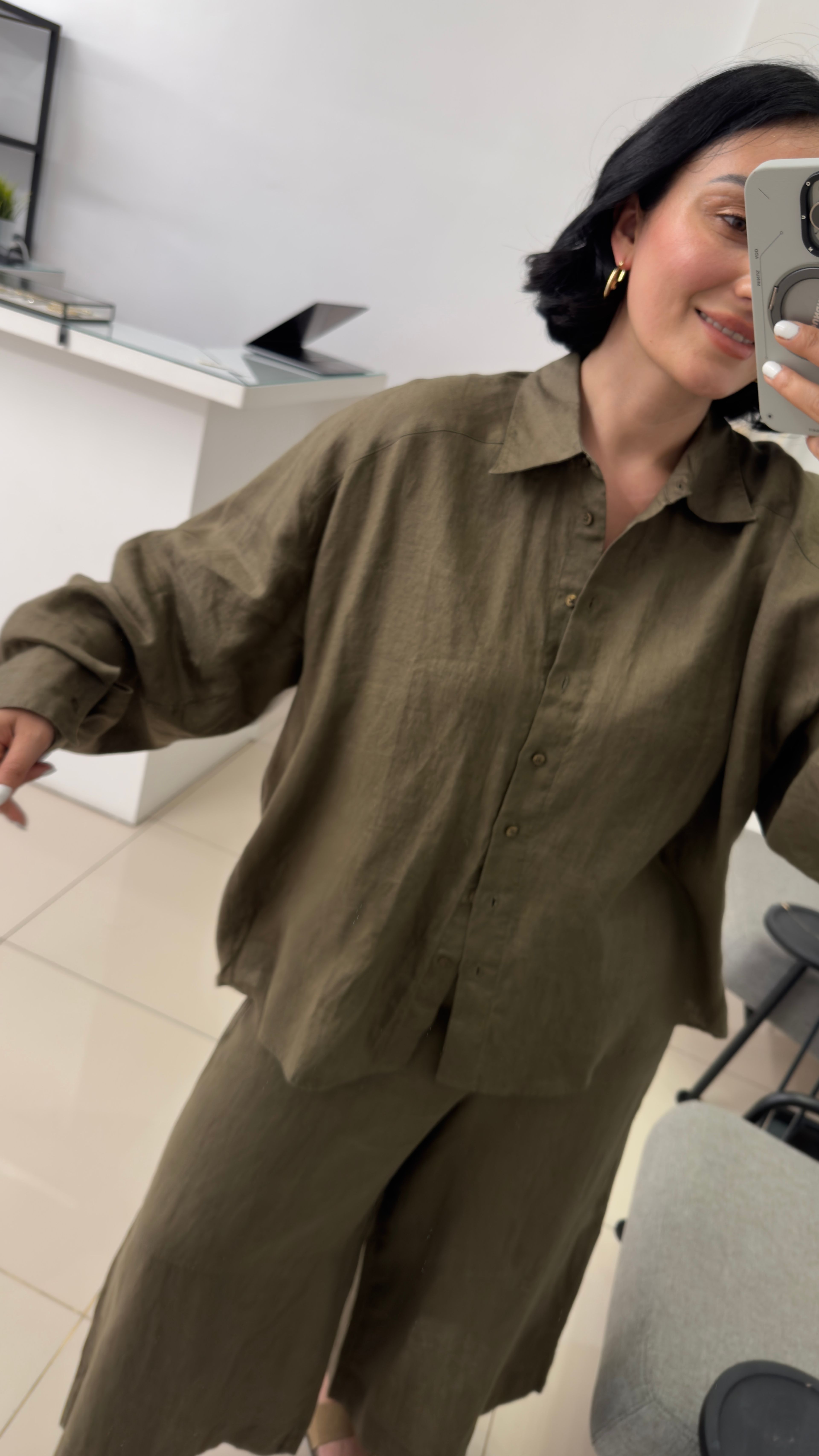 %100 Keten Haki Oversize Gömlek