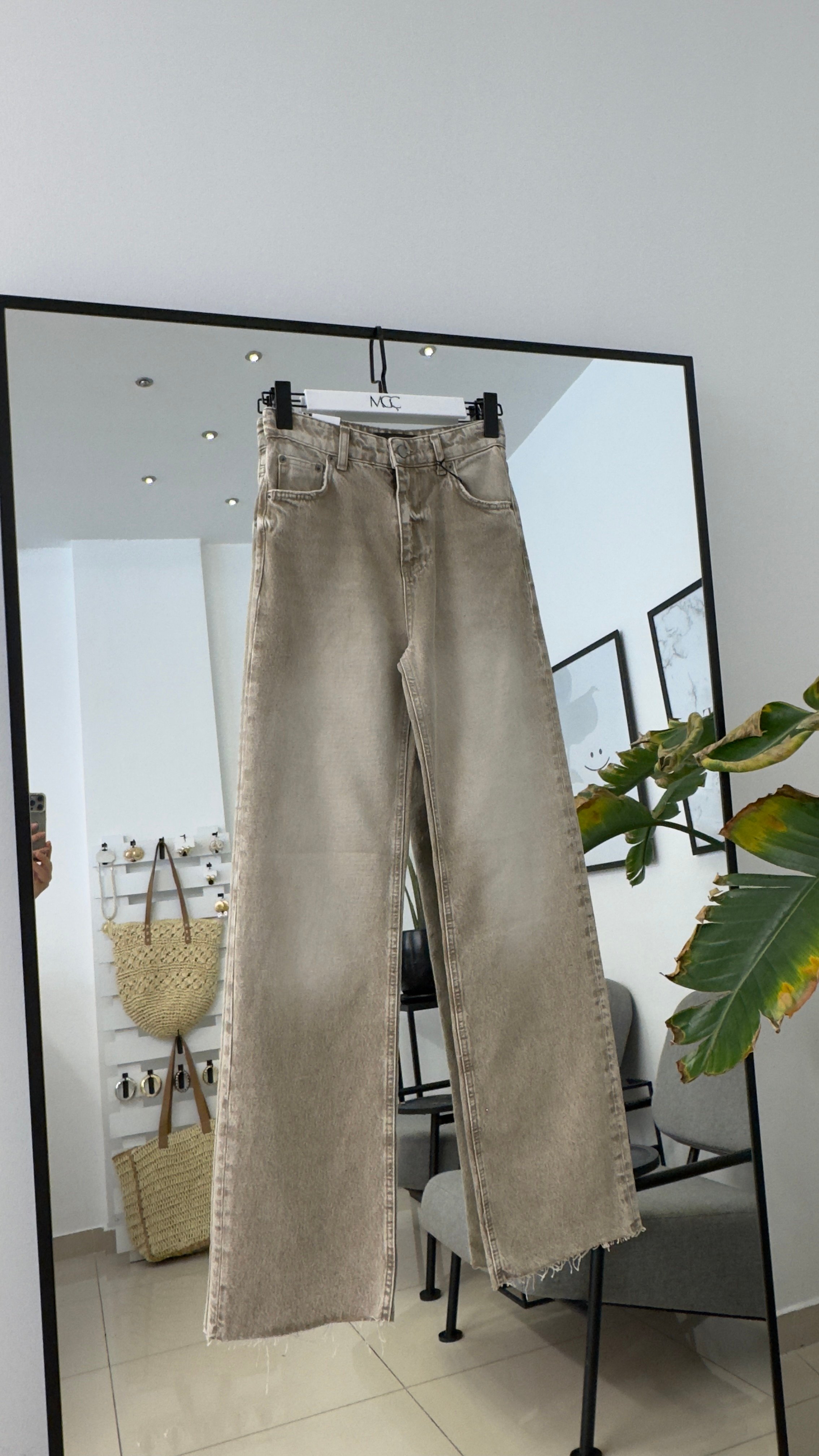 Wide Leg Vintage Bej Yıkama Pantolon