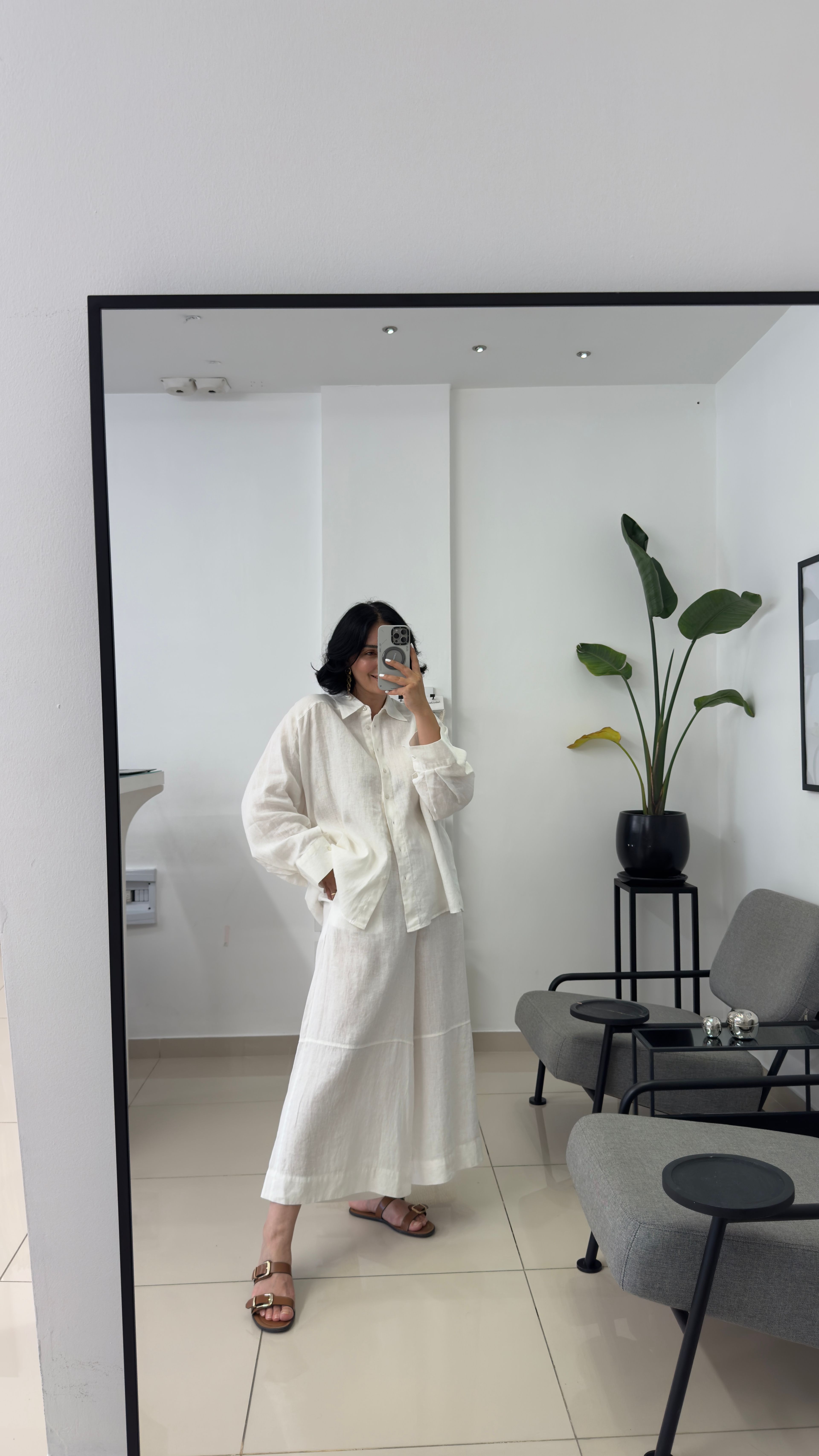 %100 Keten Ekru Oversize Gömlek
