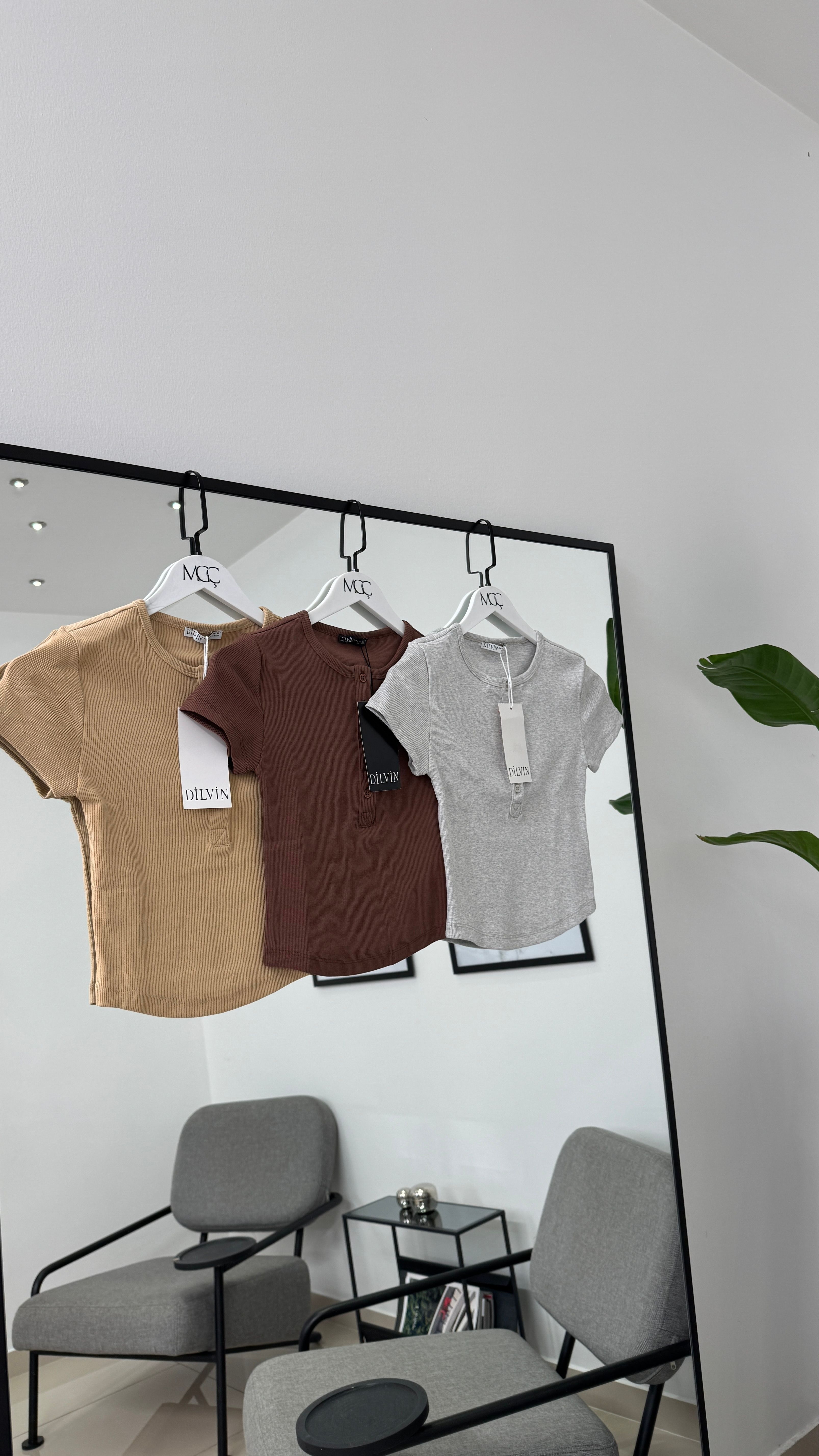 Yakası Düğme Detaylı Crop Top /Gri Melanj-Bej-Kahverengi