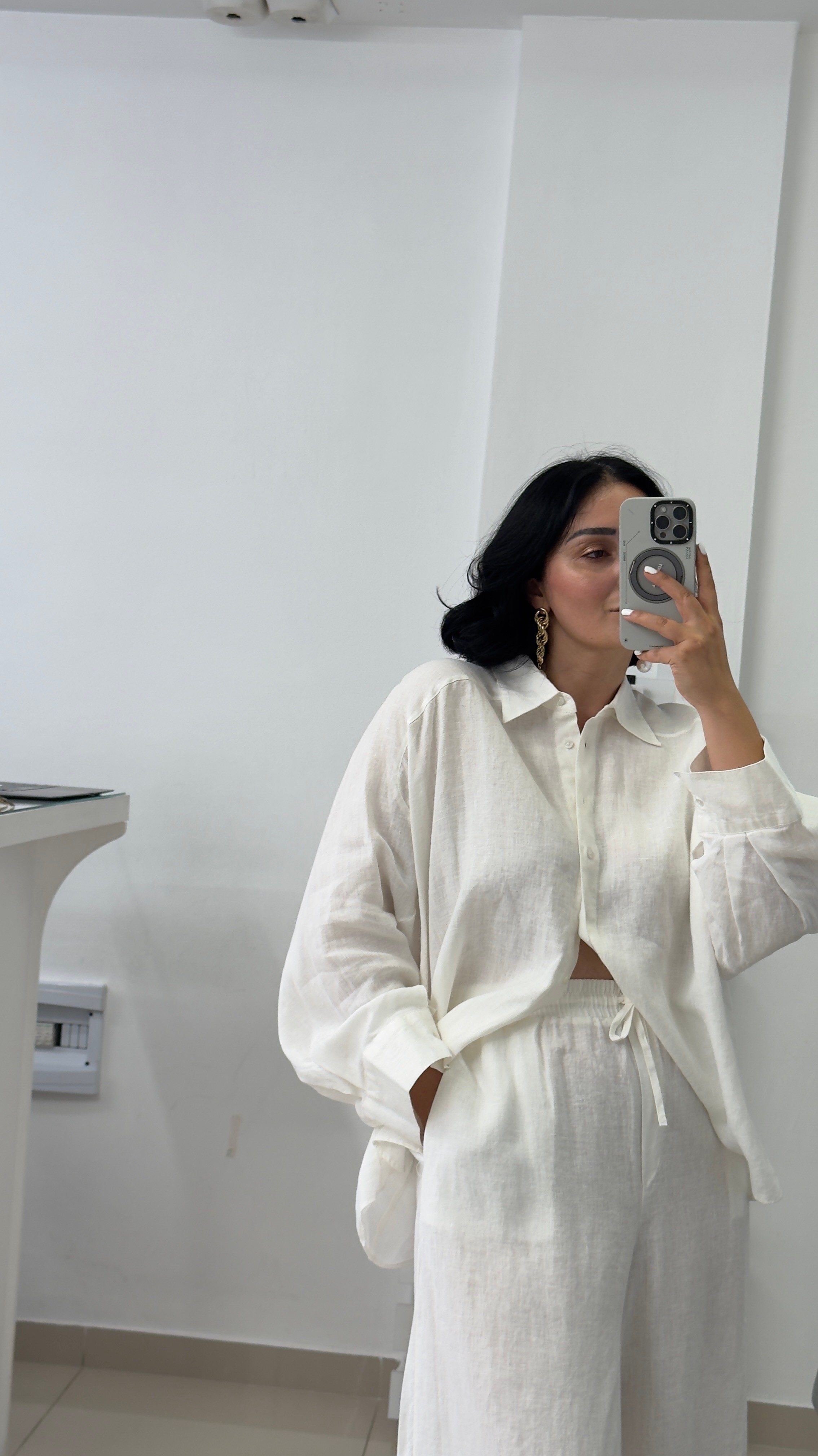 %100 Keten Ekru Oversize Gömlek