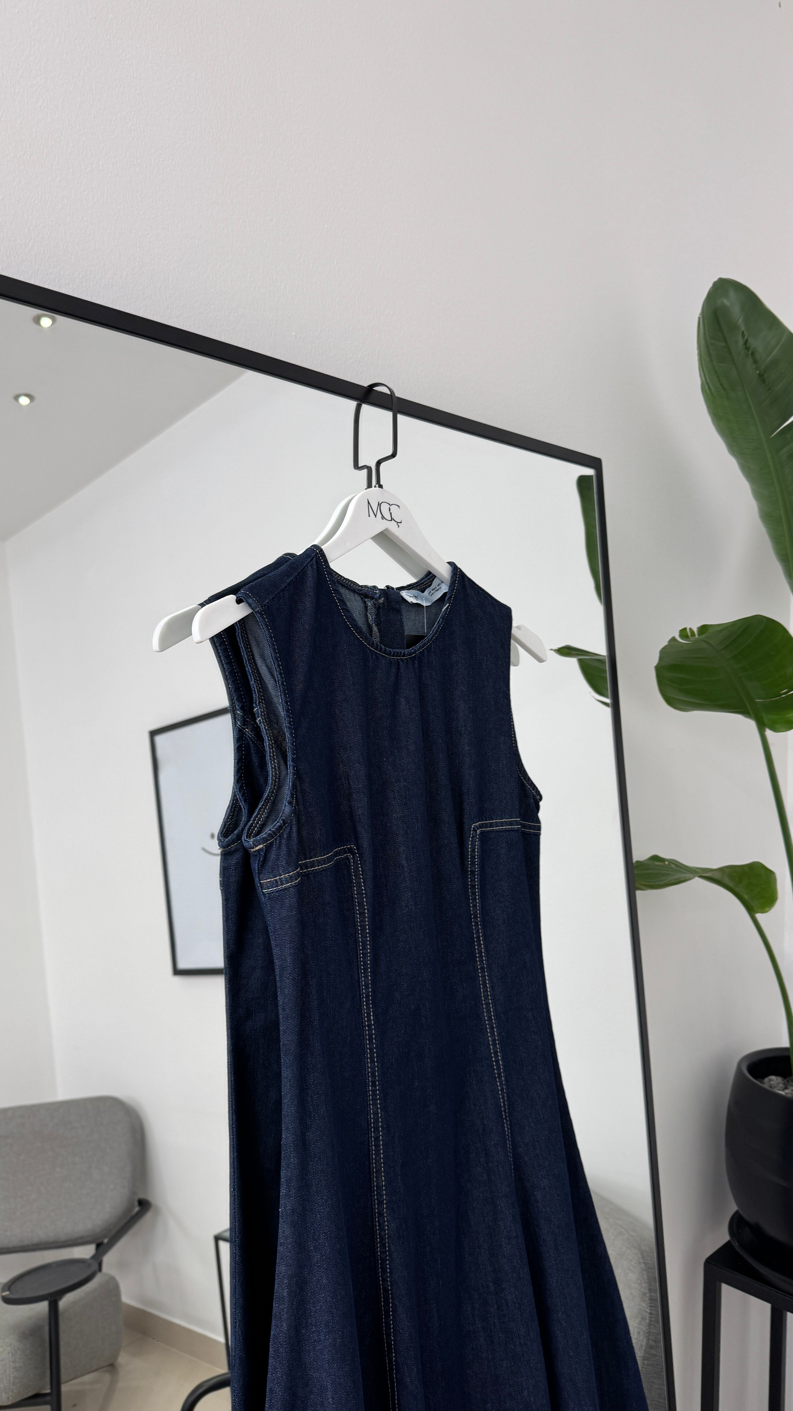 Yanları Kuplu Uzun Denim Elbise-Lacivert