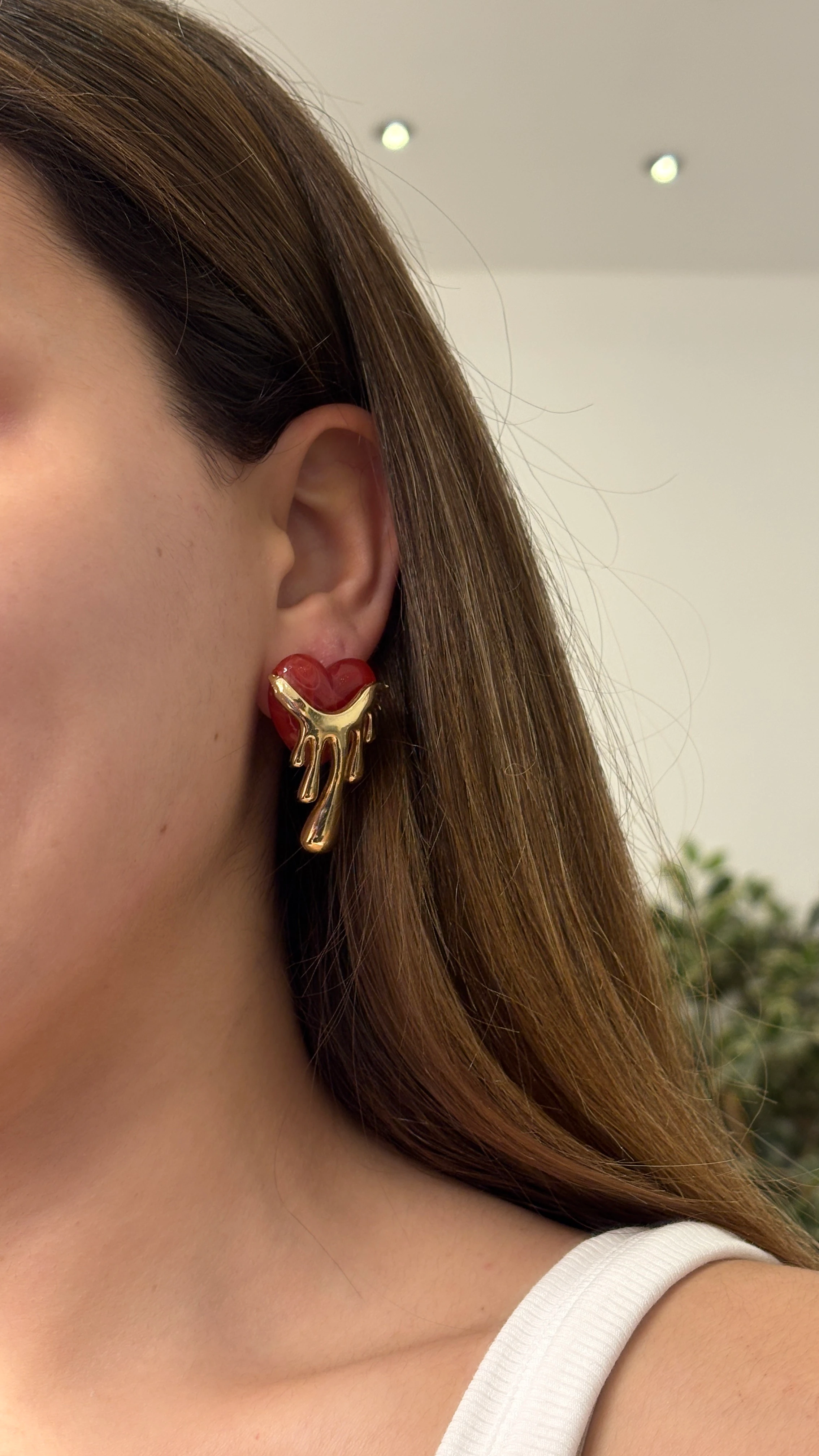 Kırmızı Kalp Damlayan Küpe